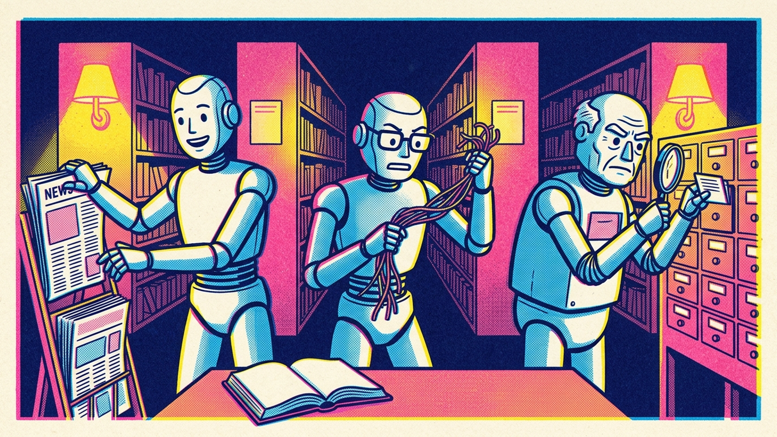 Three robot librarians choosing different books in response to the same question