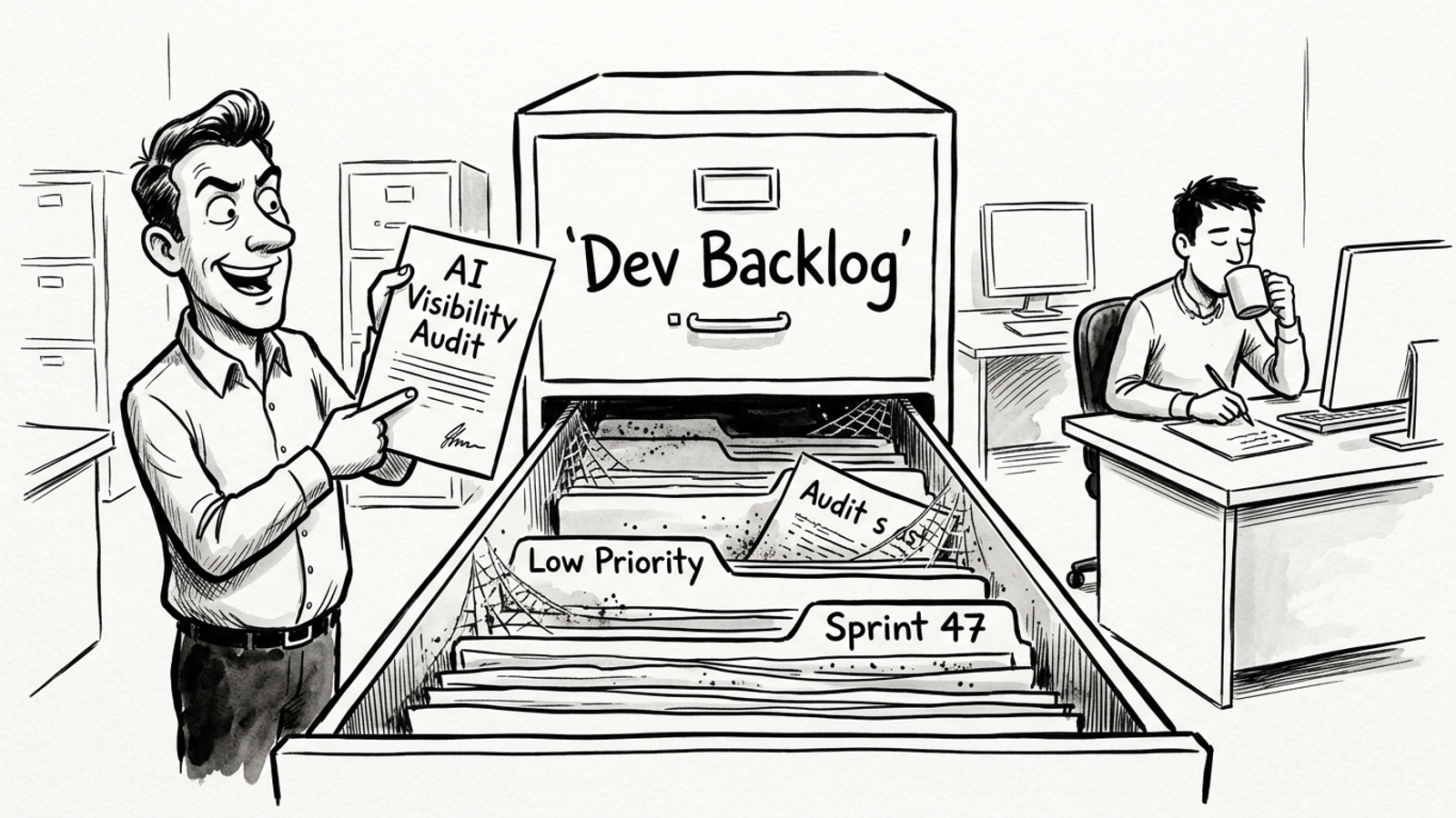 An AI visibility audit buried in a filing cabinet drawer labelled Dev Backlog.