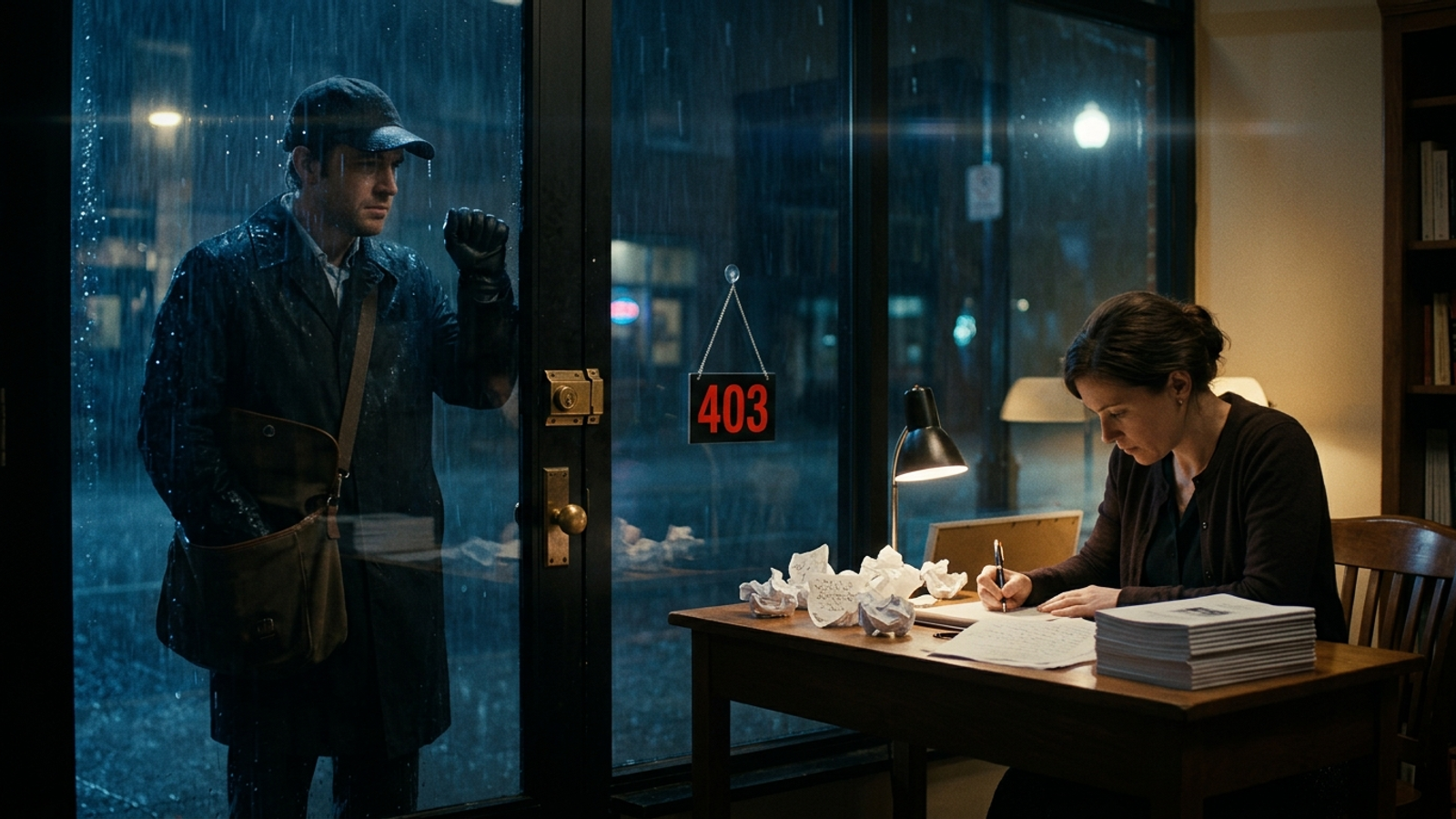 A writer polishes pages inside a warm shop while a courier waits in the rain at the locked door under a red "403" sign, unable to collect anything.