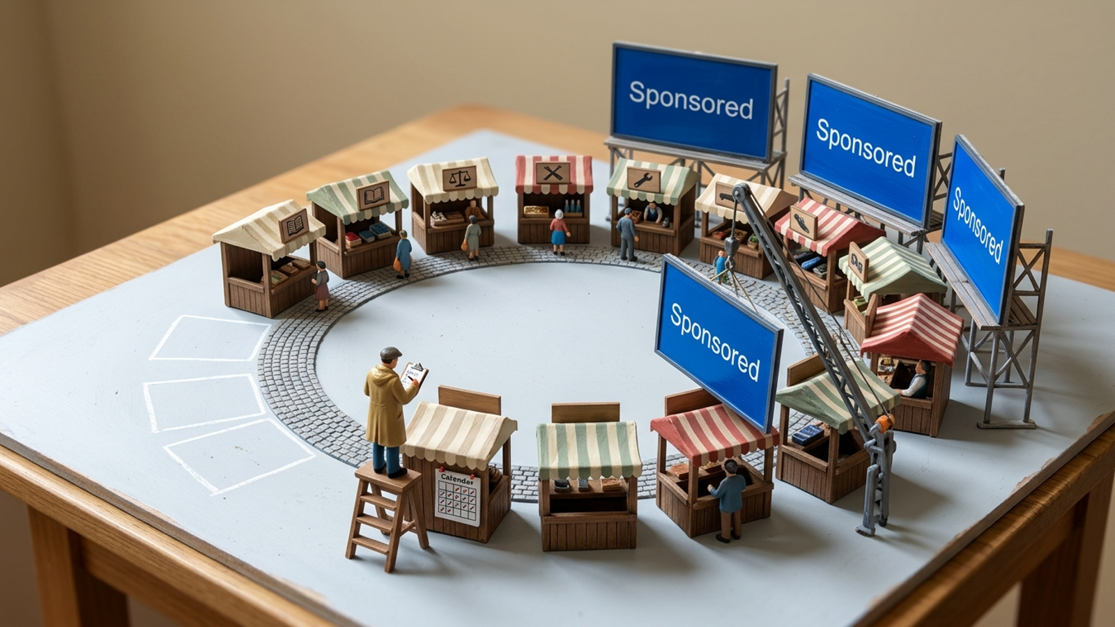 Tiny model market square where blue "Sponsored" billboards rise over stalls while a figure with a clipboard counts the open stalls that remain.
