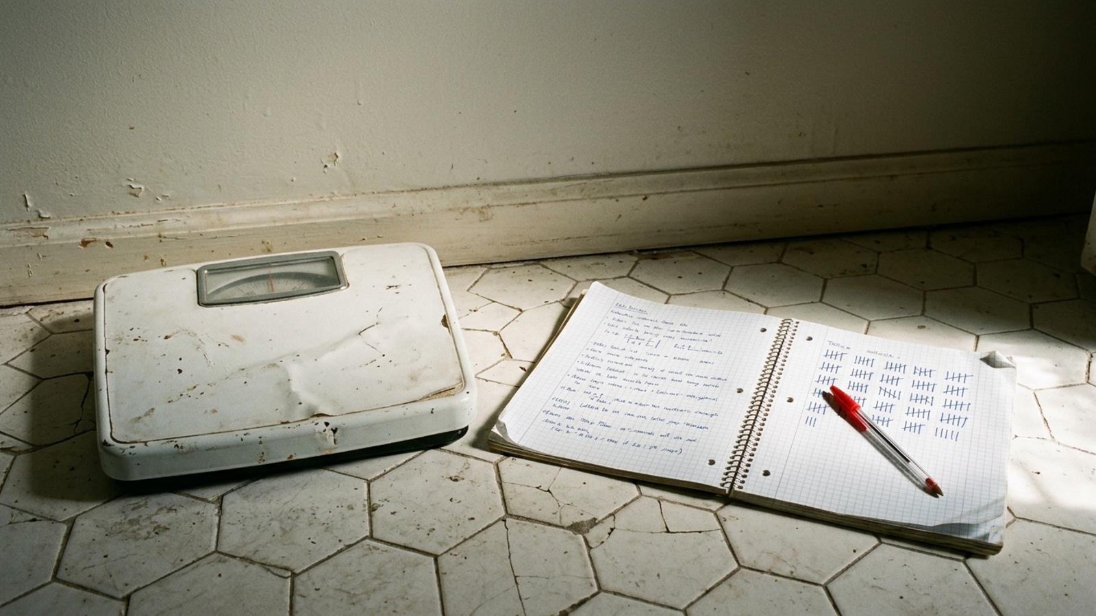 A bathroom scale beside a lab notebook, illustrating measurement rather than treatment