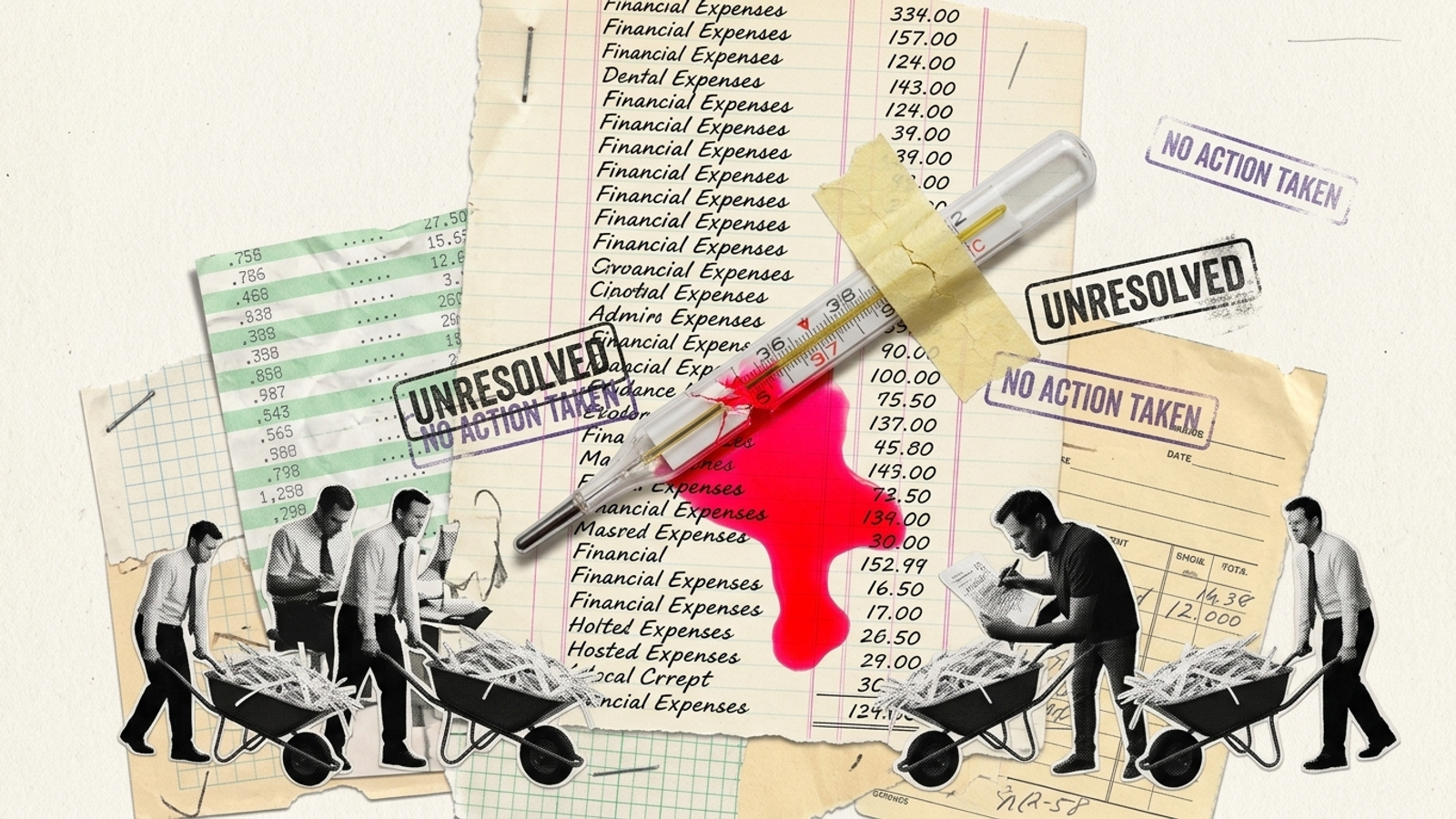 A cracked thermometer over a financial ledger, surrounded by spreadsheet printouts.