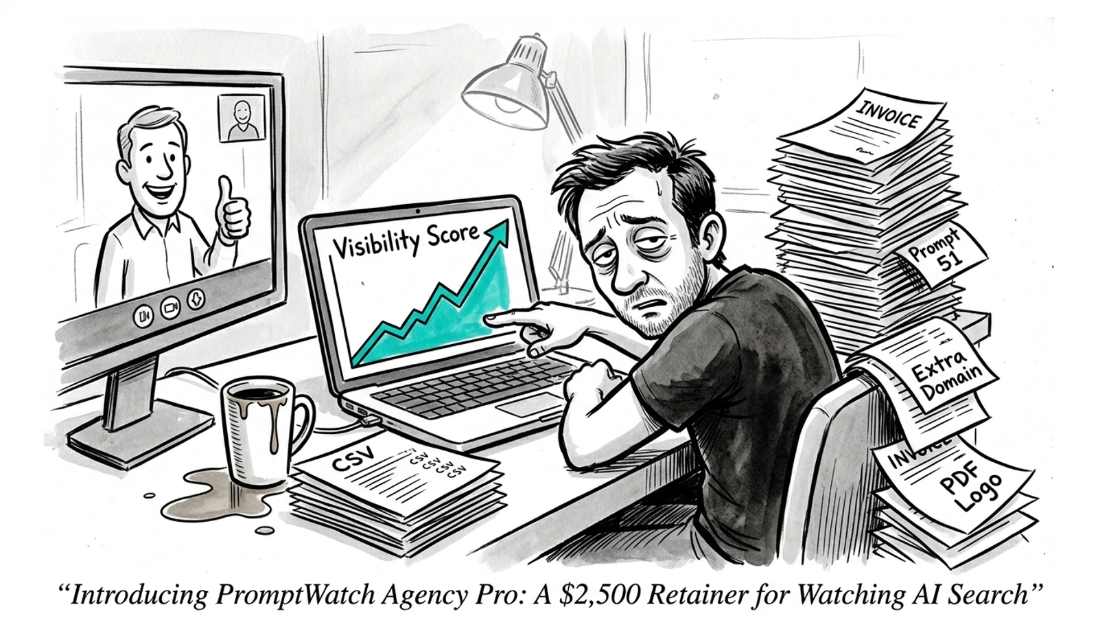 Ink cartoon of an agency owner forwarding a visibility chart while prompt overage bills pile up