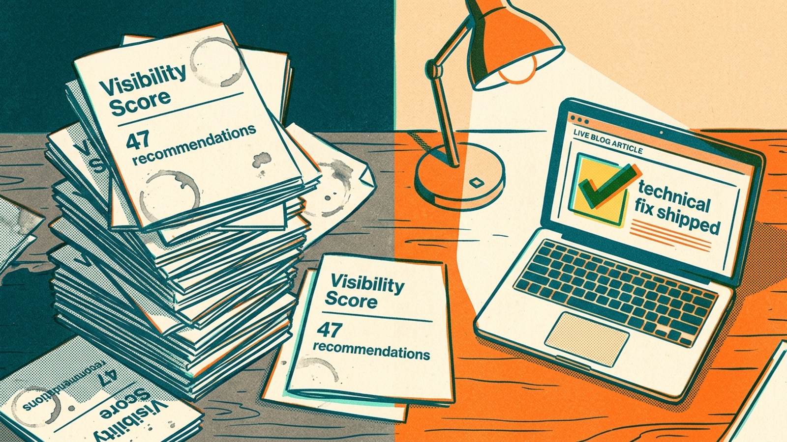 Overflowing inbox of white-label AEO reports beside one published page