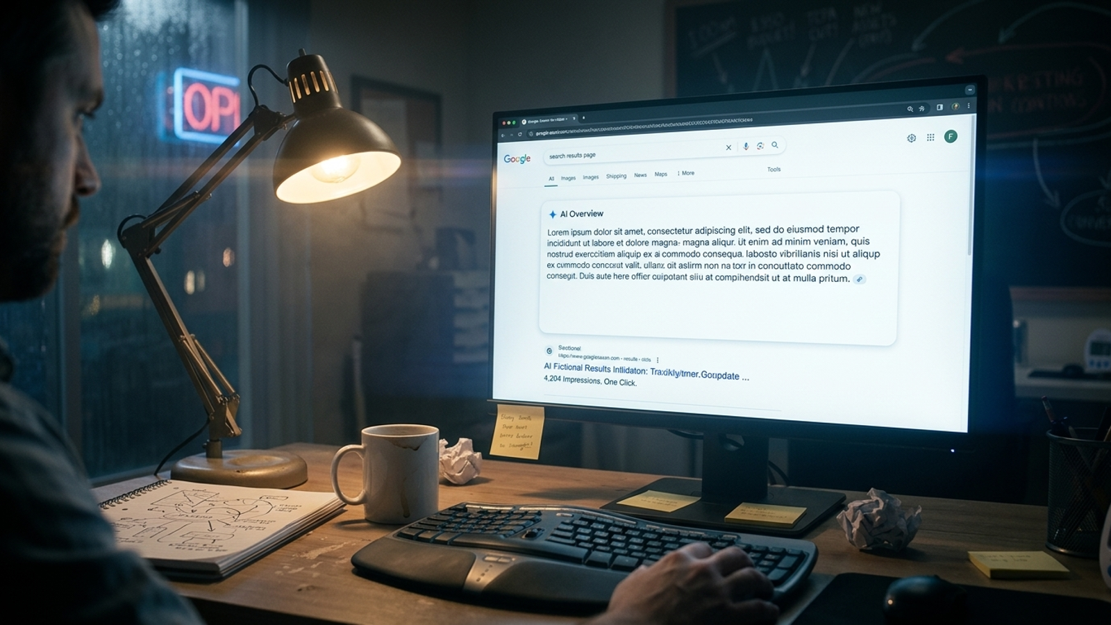 Monitor showing an AI answer above a blue search result