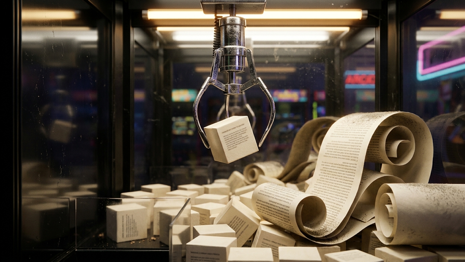 An arcade claw lifts one small, neat paper block with a red date stamp, while a long dusty essay scroll lies below, too unwieldy to grab.