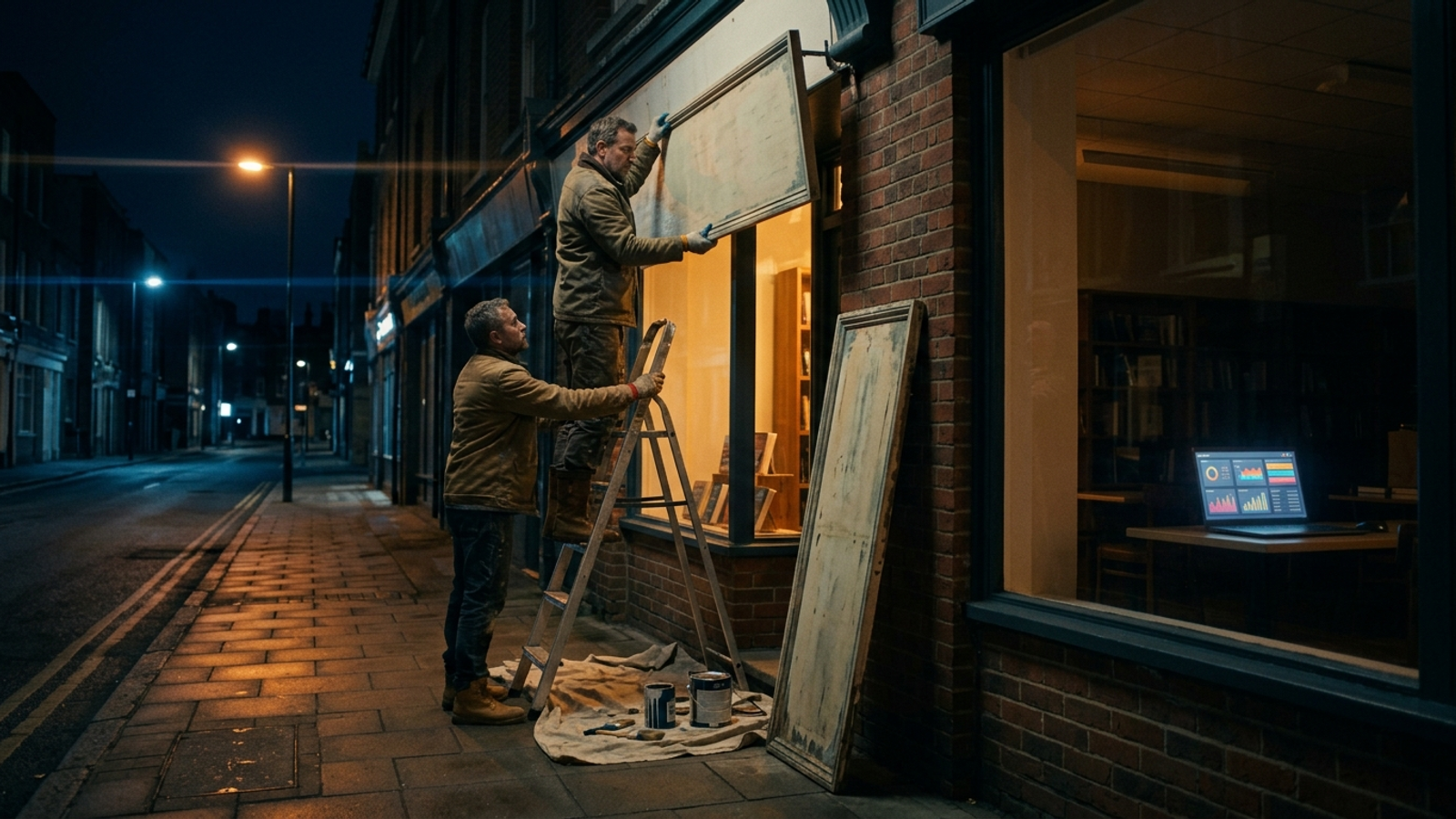 A crew changing a shop sign while a dashboard watches from a window