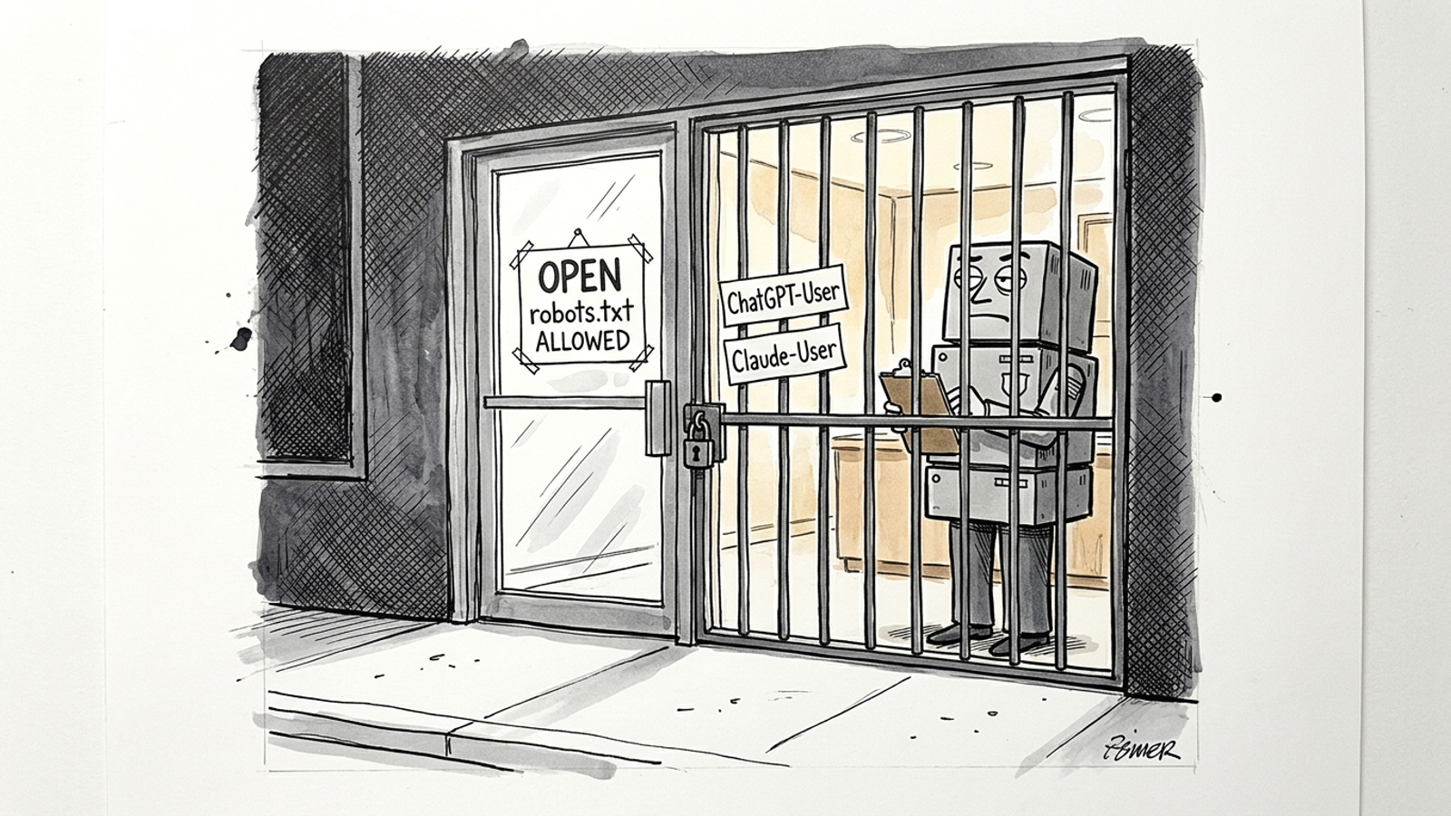 Security gate blocking wanted AI bots while a robots.txt sign says allowed