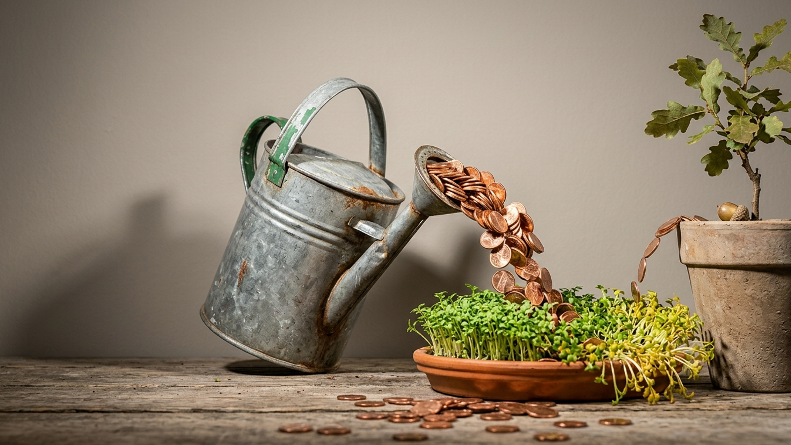 A watering can pours copper coins mostly onto fast-wilting cress and only a trickle onto a slow oak sapling: one budget, two engines with different needs.