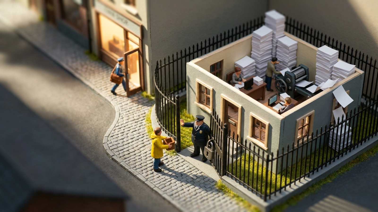 Tabletop model office piles up stacks of pages while a tiny courier is turned away at its locked gate and walks to an open competitor shop next door.