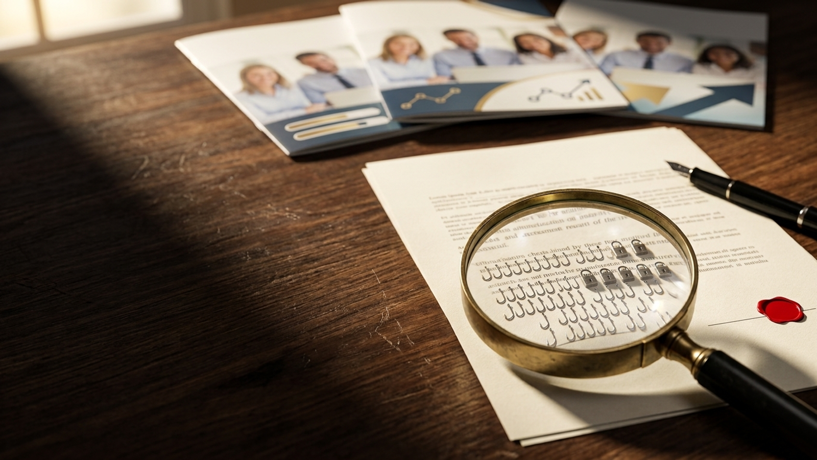 A magnifying glass over a contract reveals its fine print is made of tiny fishhooks and padlocks, while glossy agency brochures sit ignored behind it.