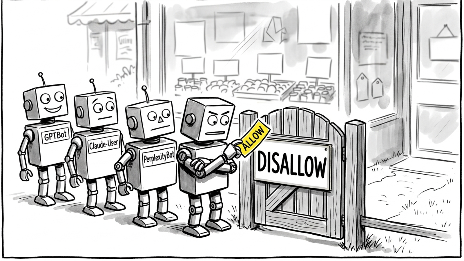 Tiny robots queuing at a website gate beside allow and disallow signs