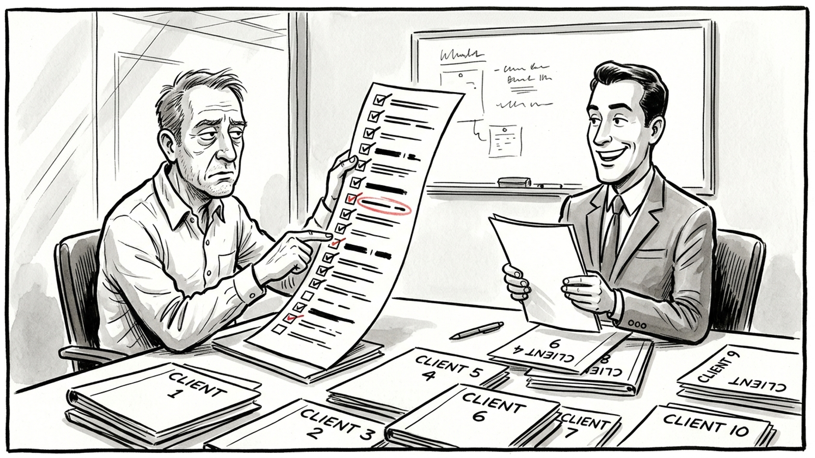 Ink cartoon of an agency owner bringing a 16-line checklist to a vendor meeting