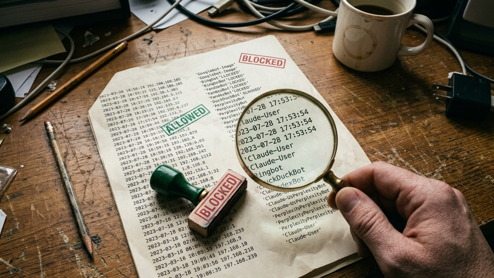 Server log lines highlighting AI bot fetches versus blocks