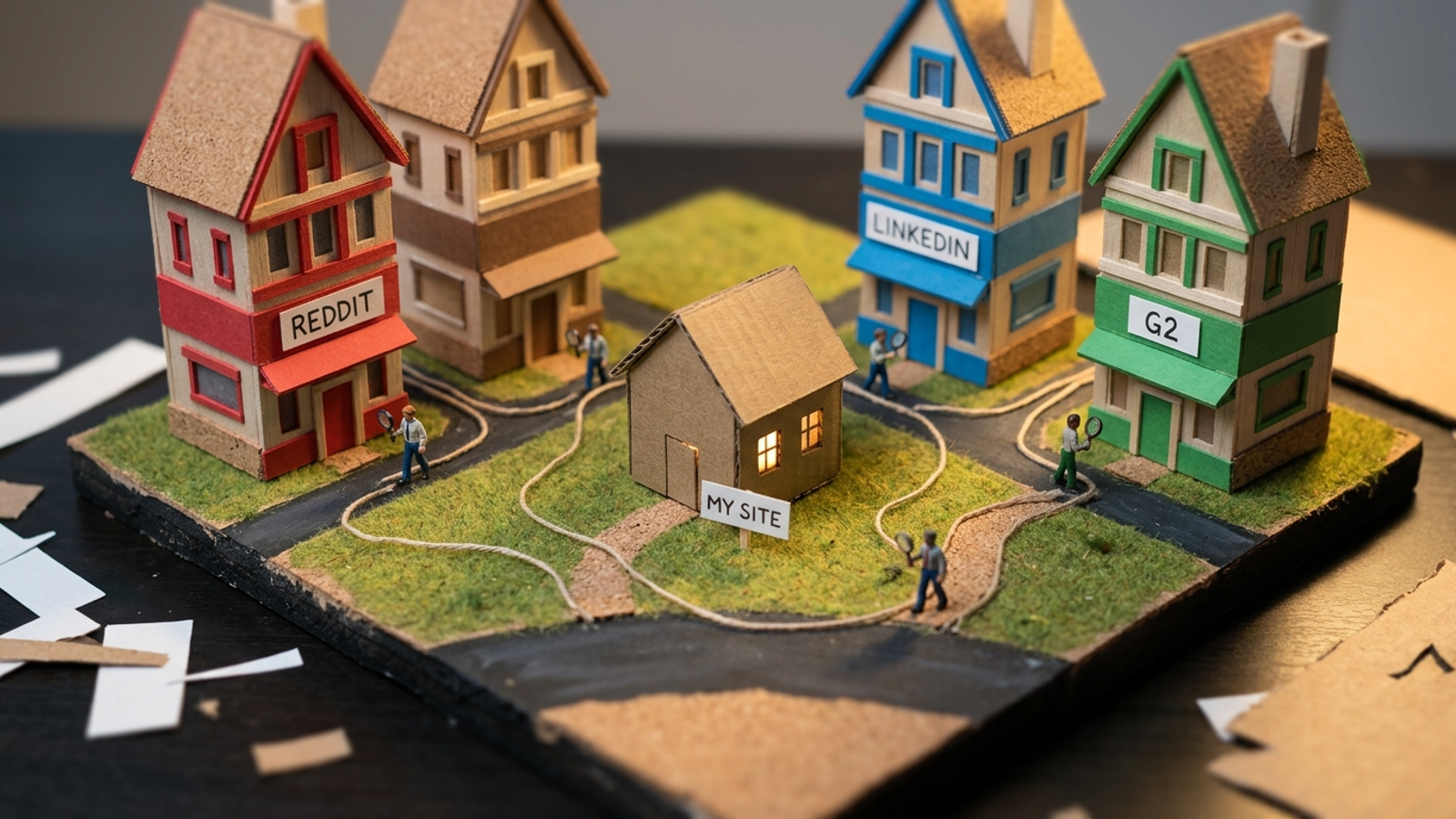 A miniature town with a website beside taller Reddit, LinkedIn, and G2 buildings