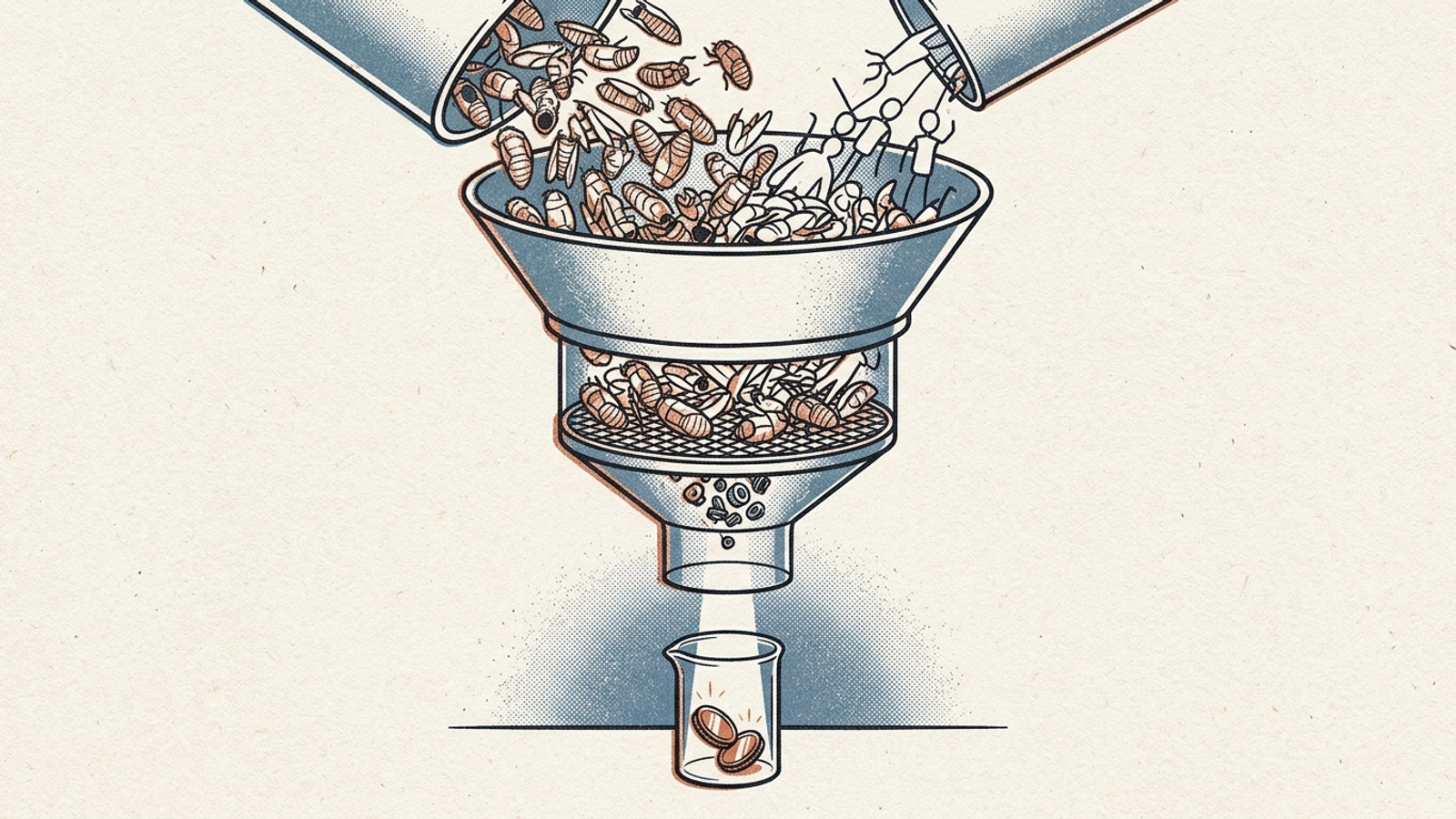 Risograph illustration of an industrial filter reducing thousands of hollow insect shells to two copper tokens.