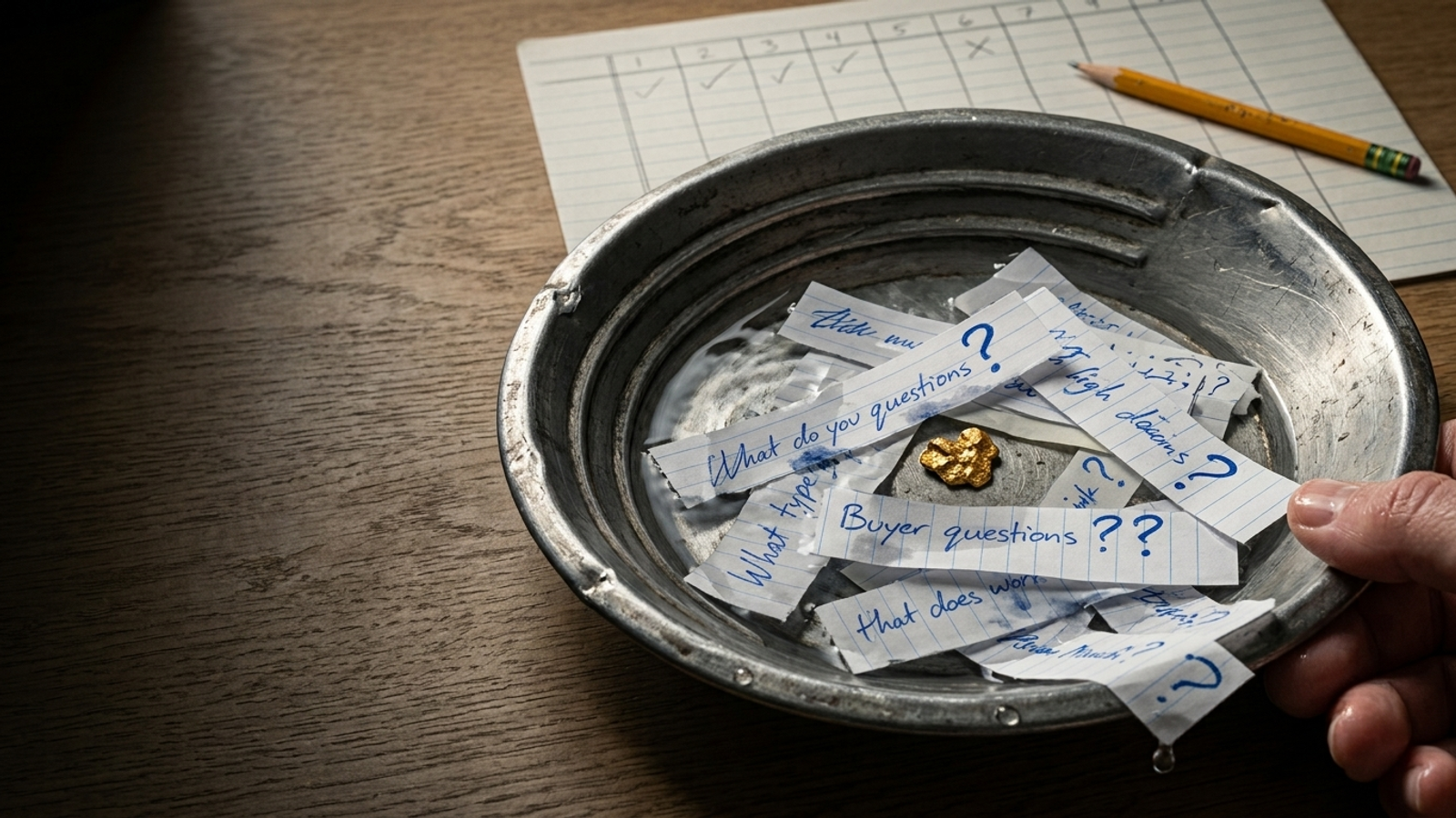 A dented gold pan full of water and handwritten buyer-question slips, with one gold nugget among them: finding the prompts that surface your brand.