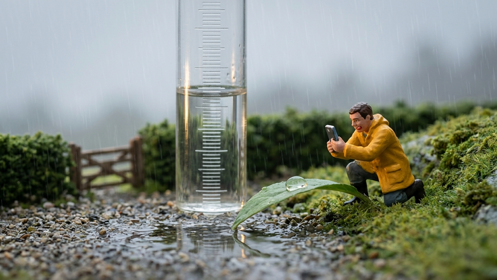 A tiny man photographs one raindrop on a leaf while a giant rain gauge behind him measures the whole rainfall — one sample versus a real rate.