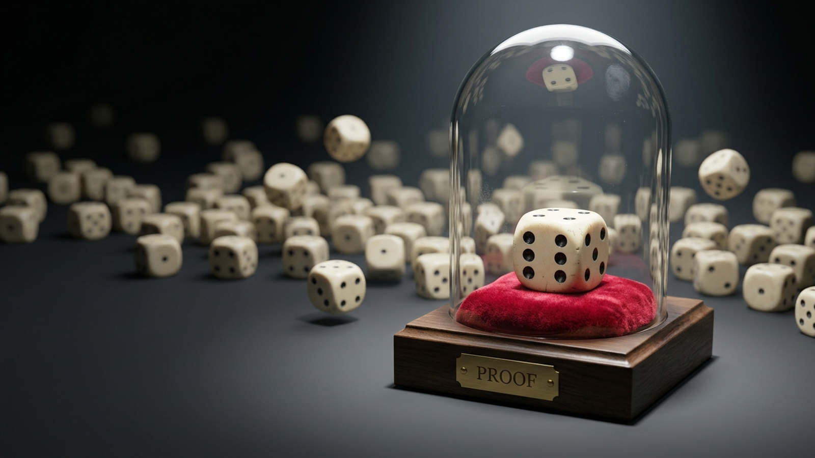 One die showing a six displayed under a museum glass dome labelled "PROOF" while hundreds of dice behind it land on other numbers, mocking one-off results.