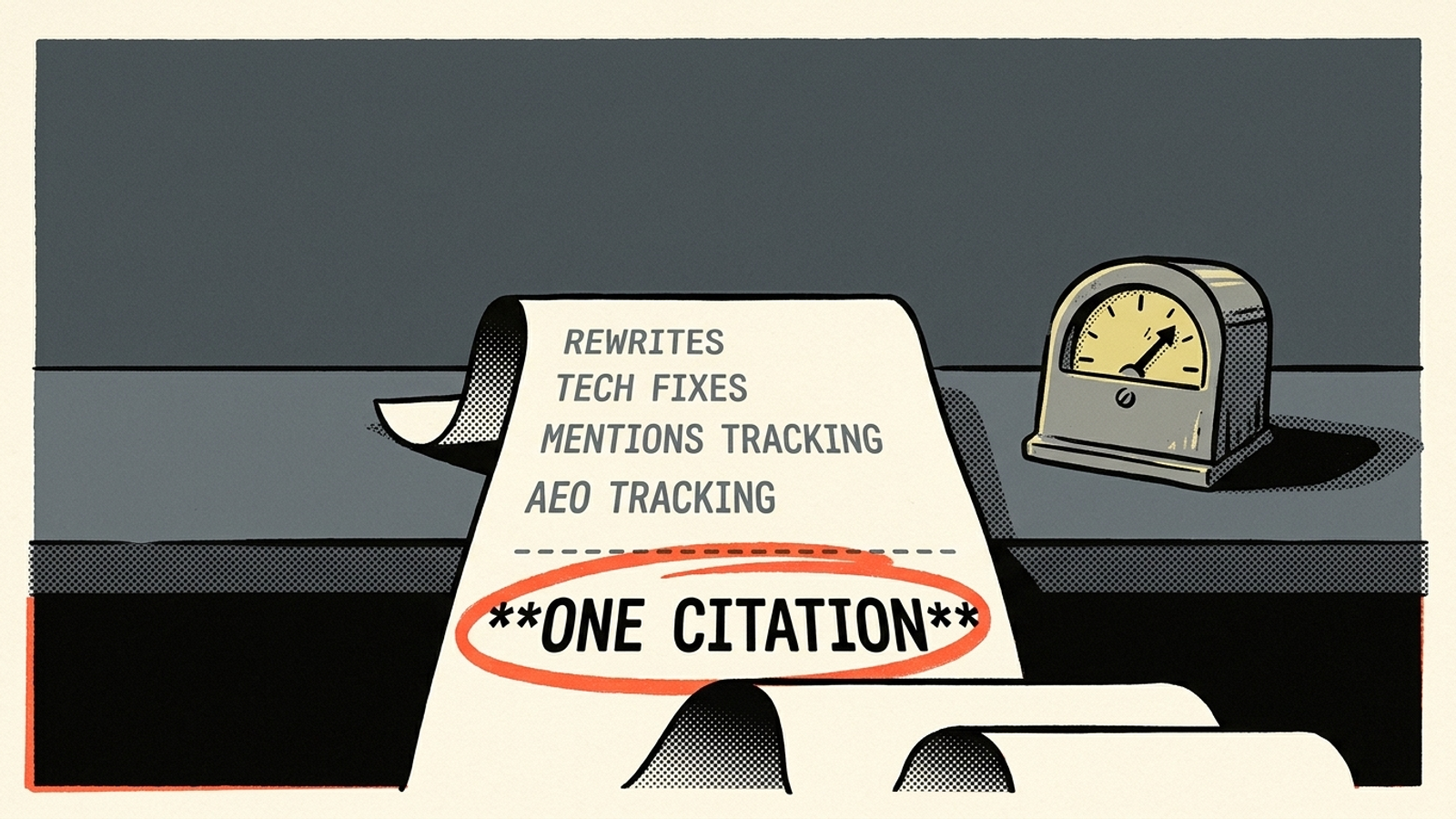 Illustration of an AI citation receipt beside a Google Ads click meter