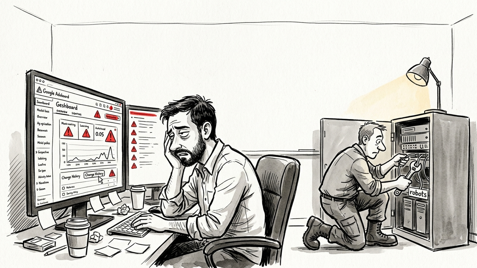 Cartoon of a marketer watching dashboard warnings while someone fixes the server door