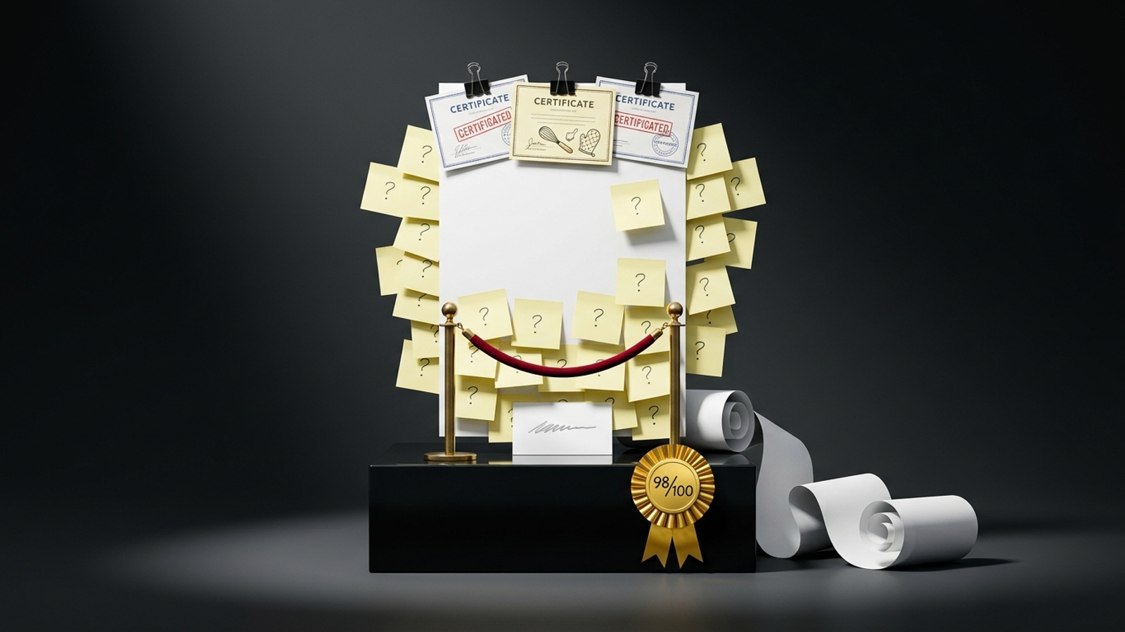 A landing page on a launch plinth buried under sticky-note FAQs, certificates, an endless scroll, a velvet rope and a 98/100 prize ribbon