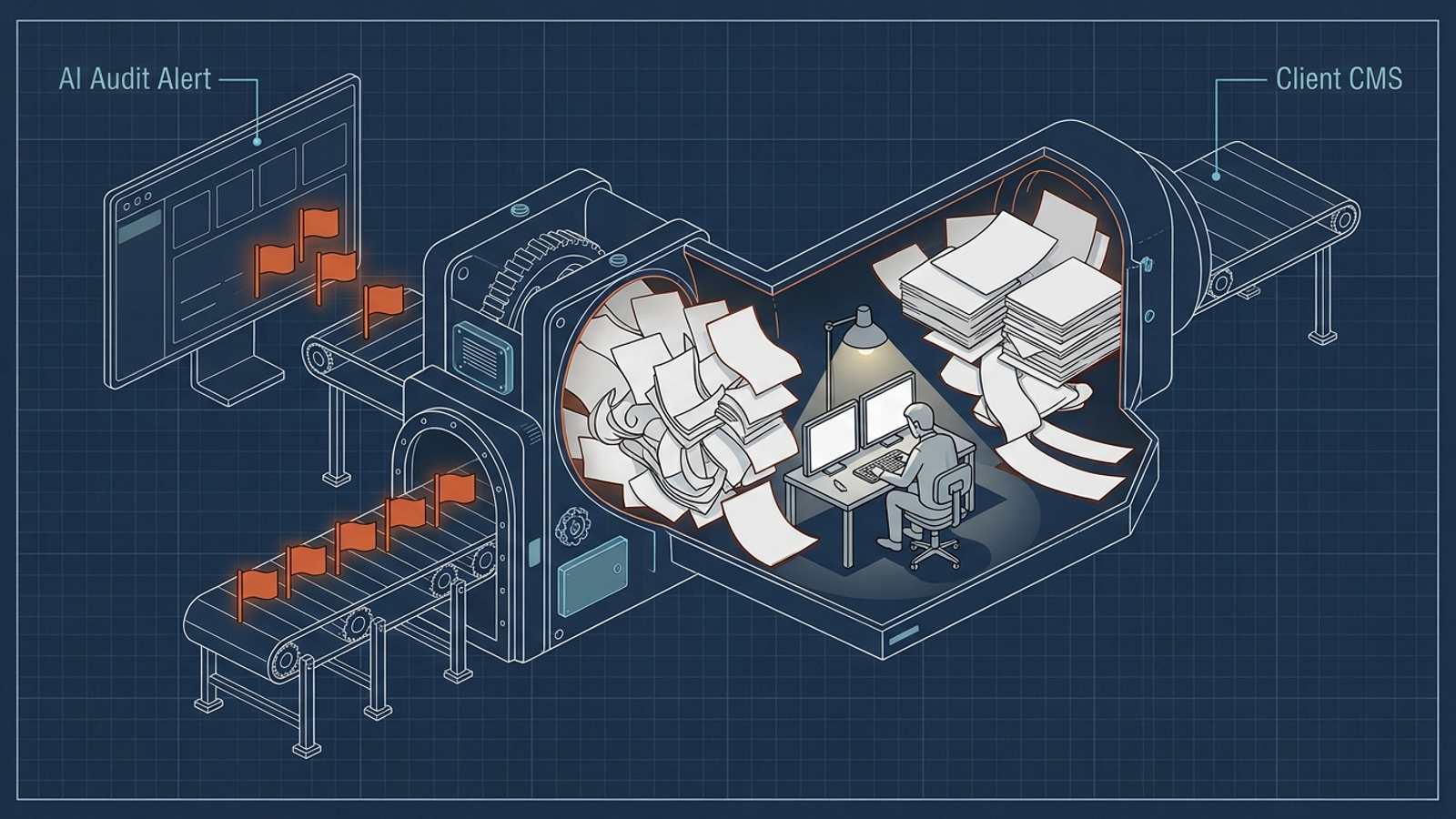 Cutaway illustration of manual tasks jamming the path between a monitoring dashboard and a client website.