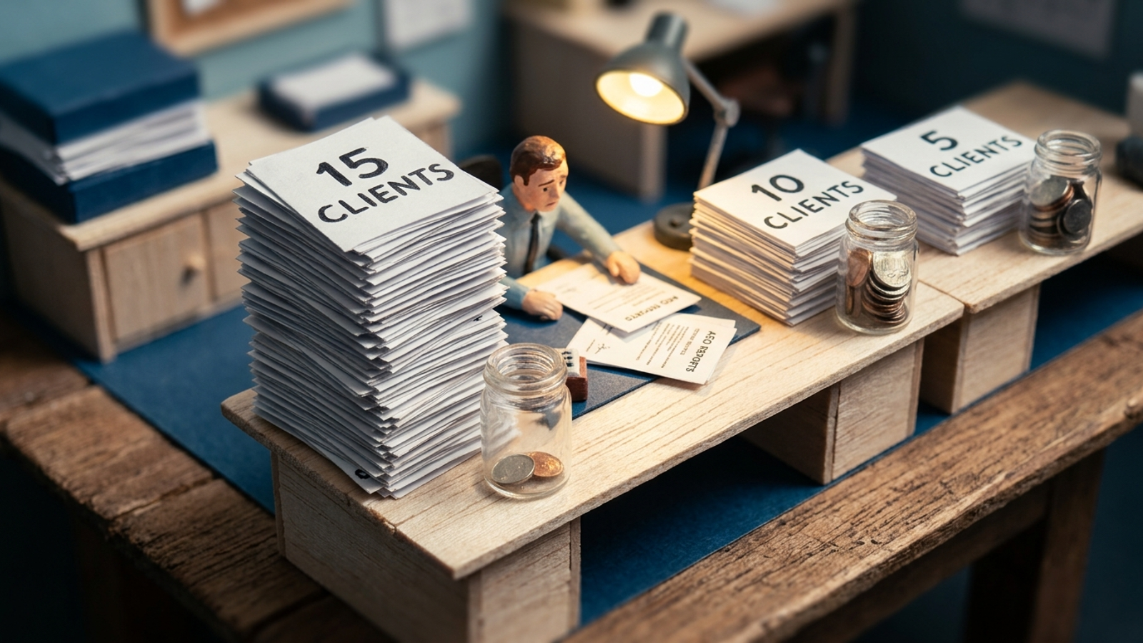 Miniature office scene with a stack of monthly client reports growing taller as profit shrinks