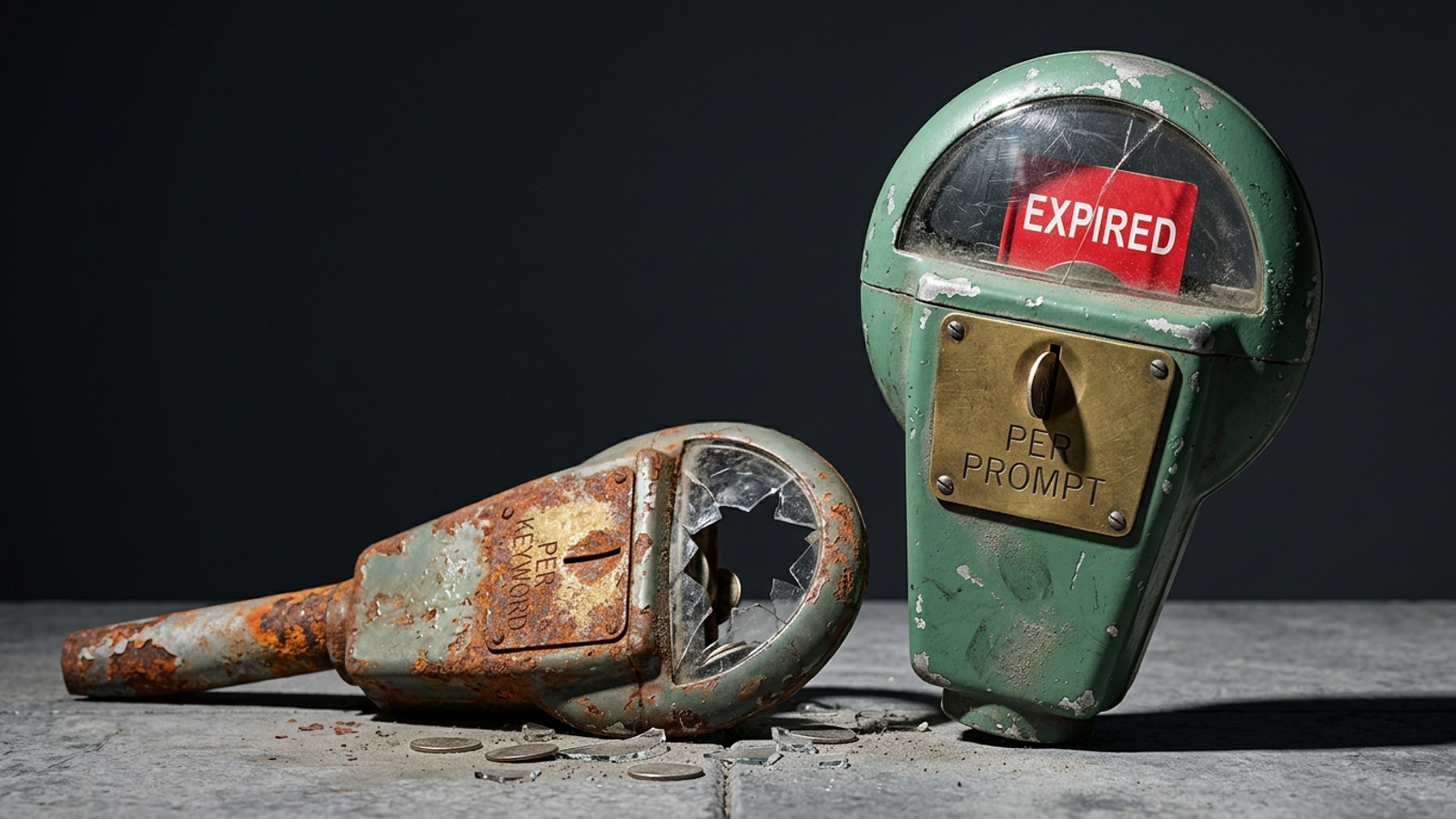 A cracked parking meter marked "PER PROMPT" flips to EXPIRED beside a rusted, toppled "PER KEYWORD" meter: the same pricing model failing again.