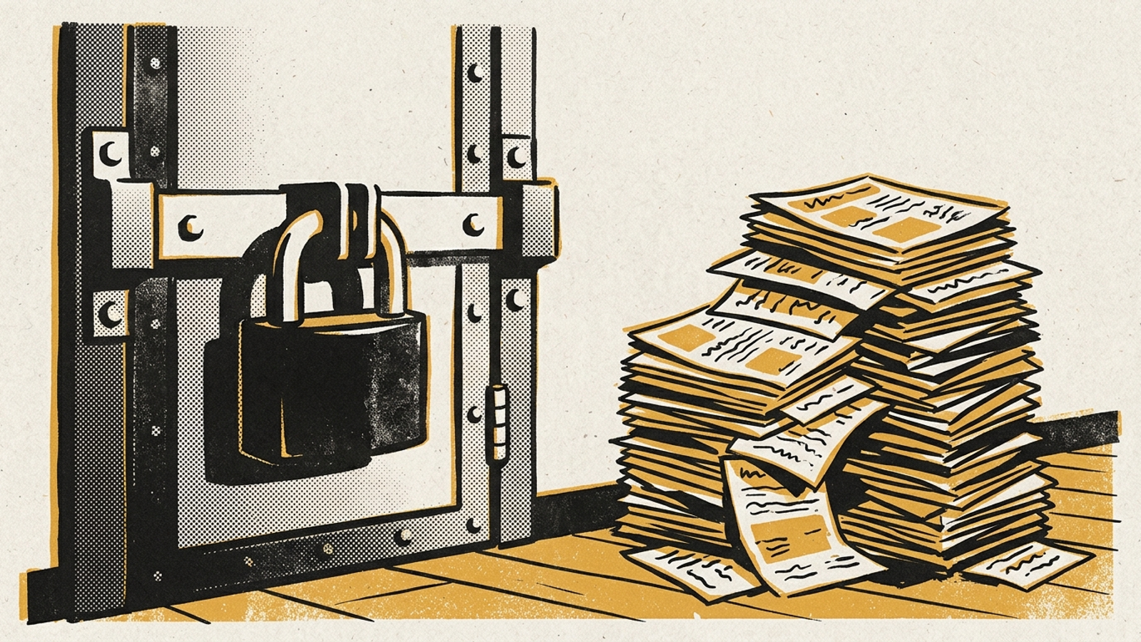 Editorial illustration of a locked server-room door beside a stack of ignored marketing brochures.