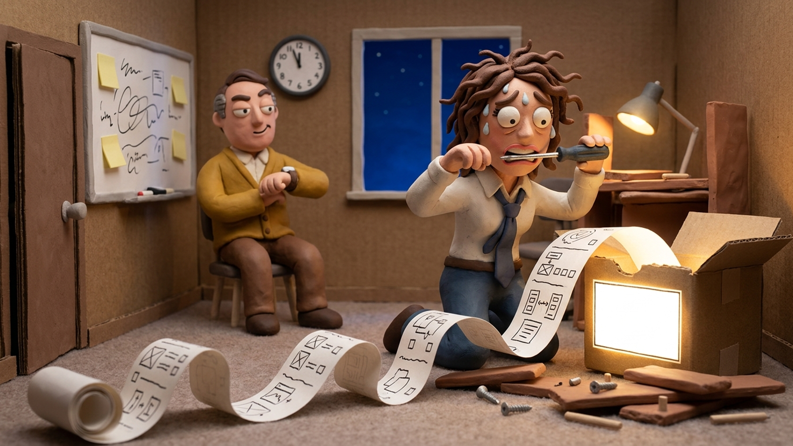 Clay figure of an exhausted account manager assembling flat-pack furniture from a blank white-labelled box with an endless instruction scroll at midnight.