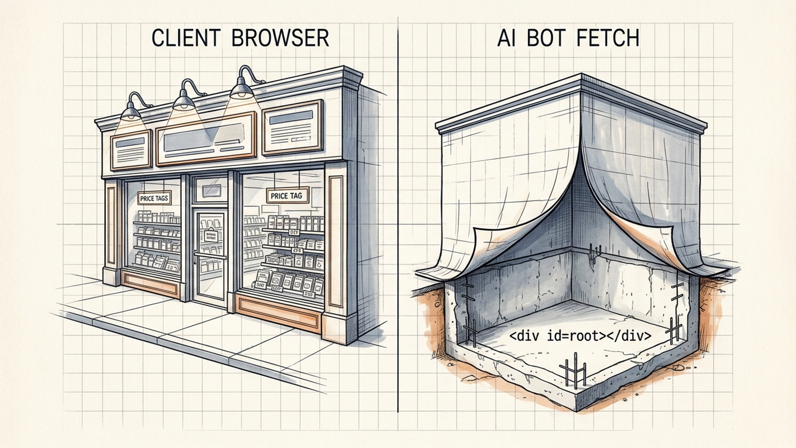 Cutaway comparing a fully rendered browser page with the sparse HTML a fetcher may receive.