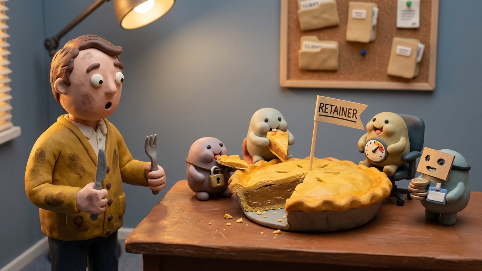 Clay figure gasps as small creatures with padlocks, chairs and meters devour a pie labelled RETAINER before he gets a bite.