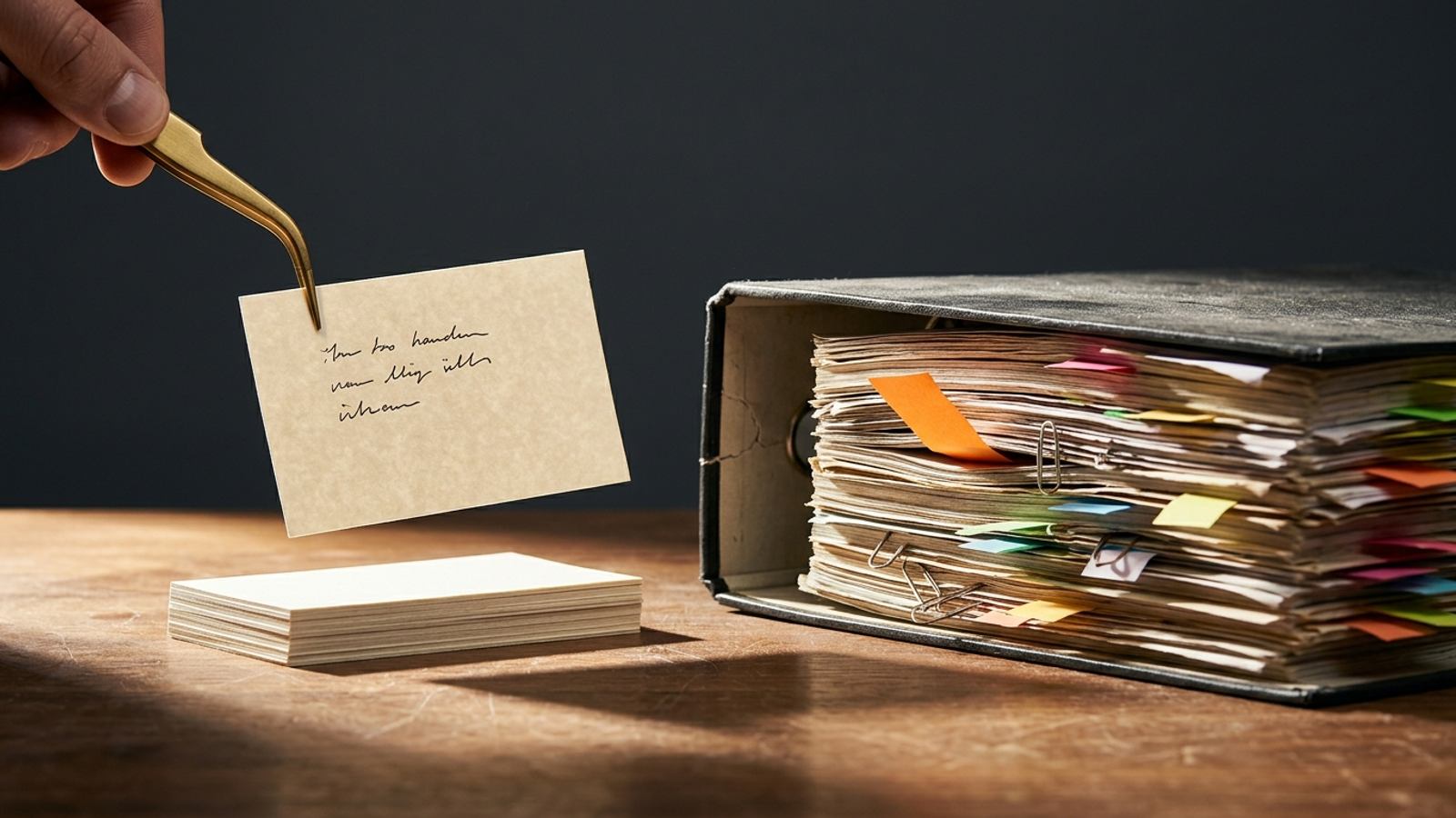 Brass tweezers lift one small handwritten index card while a giant overstuffed binder sits ignored: the concise answer gets picked, not the bigger pile.