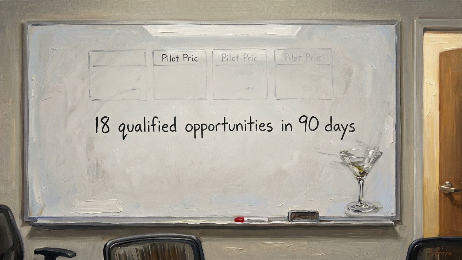 Startup whiteboard with pilot pricing and a handwritten 90-day qualified-opportunity target