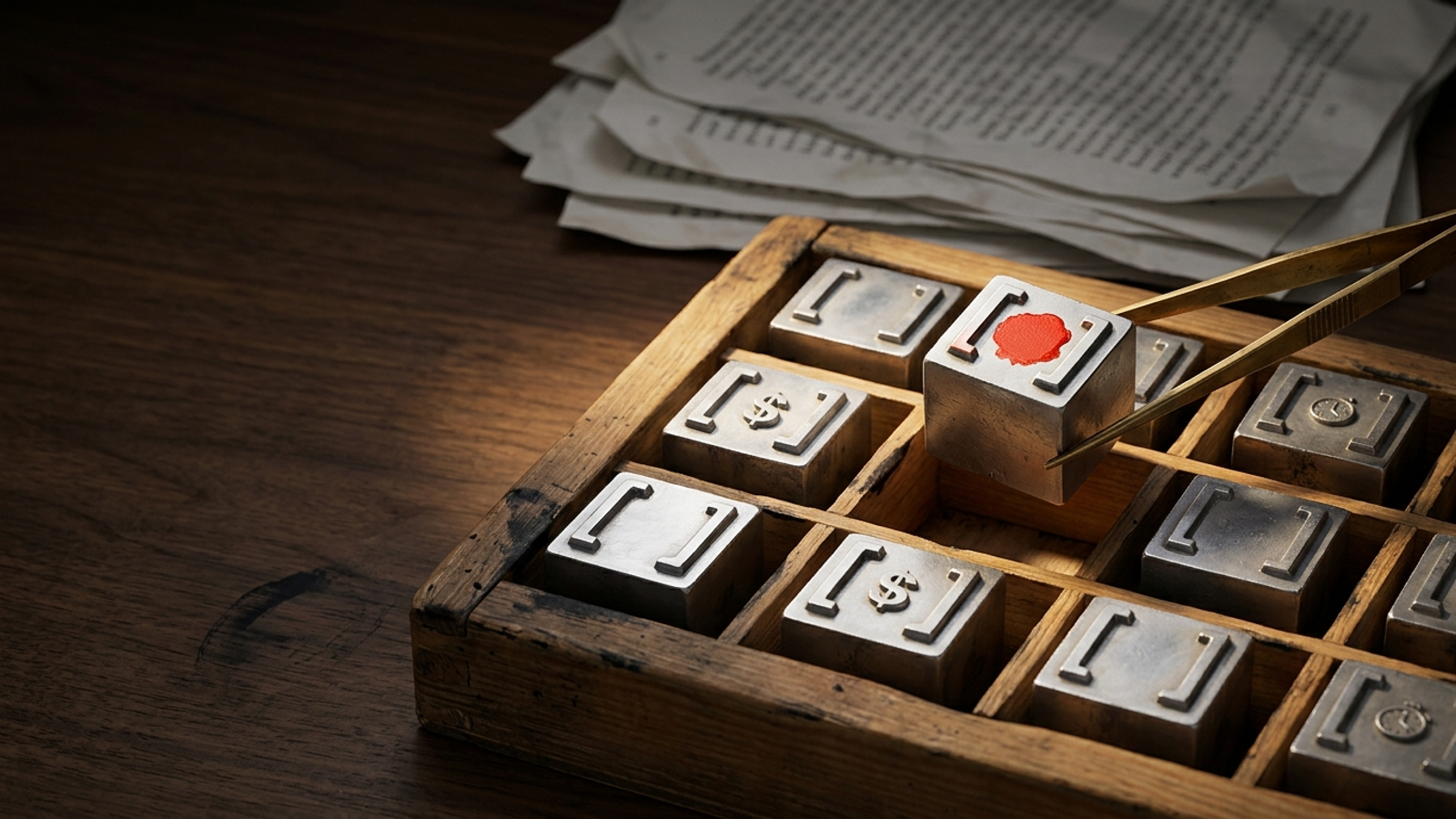 A printer's type case holds twelve metal blocks bearing blank brackets, one lifted by tweezers, like ready-made answer templates ready to set into a page.