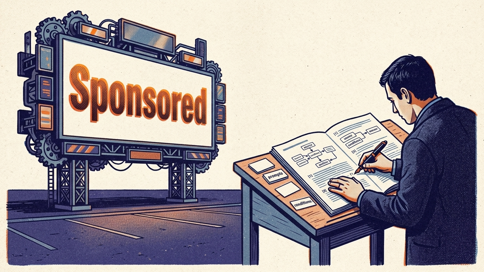 Illustration of a reader passing a sponsored billboard to examine a cited footnote.