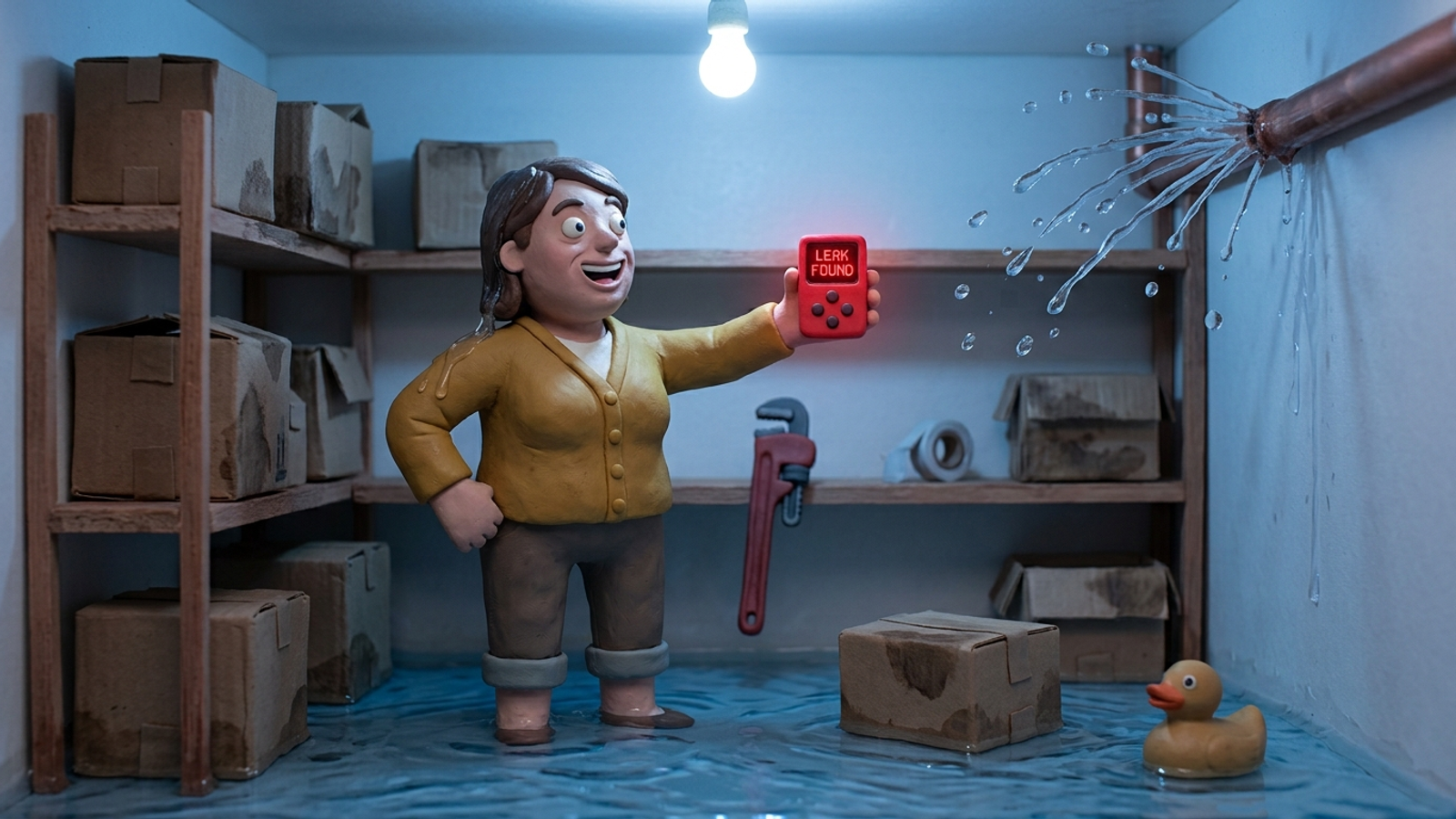 Clay shop owner stands in a flooding stockroom proudly holding a tiny gadget reading "LEAK FOUND" at a burst pipe, while the wrench sits unused.
