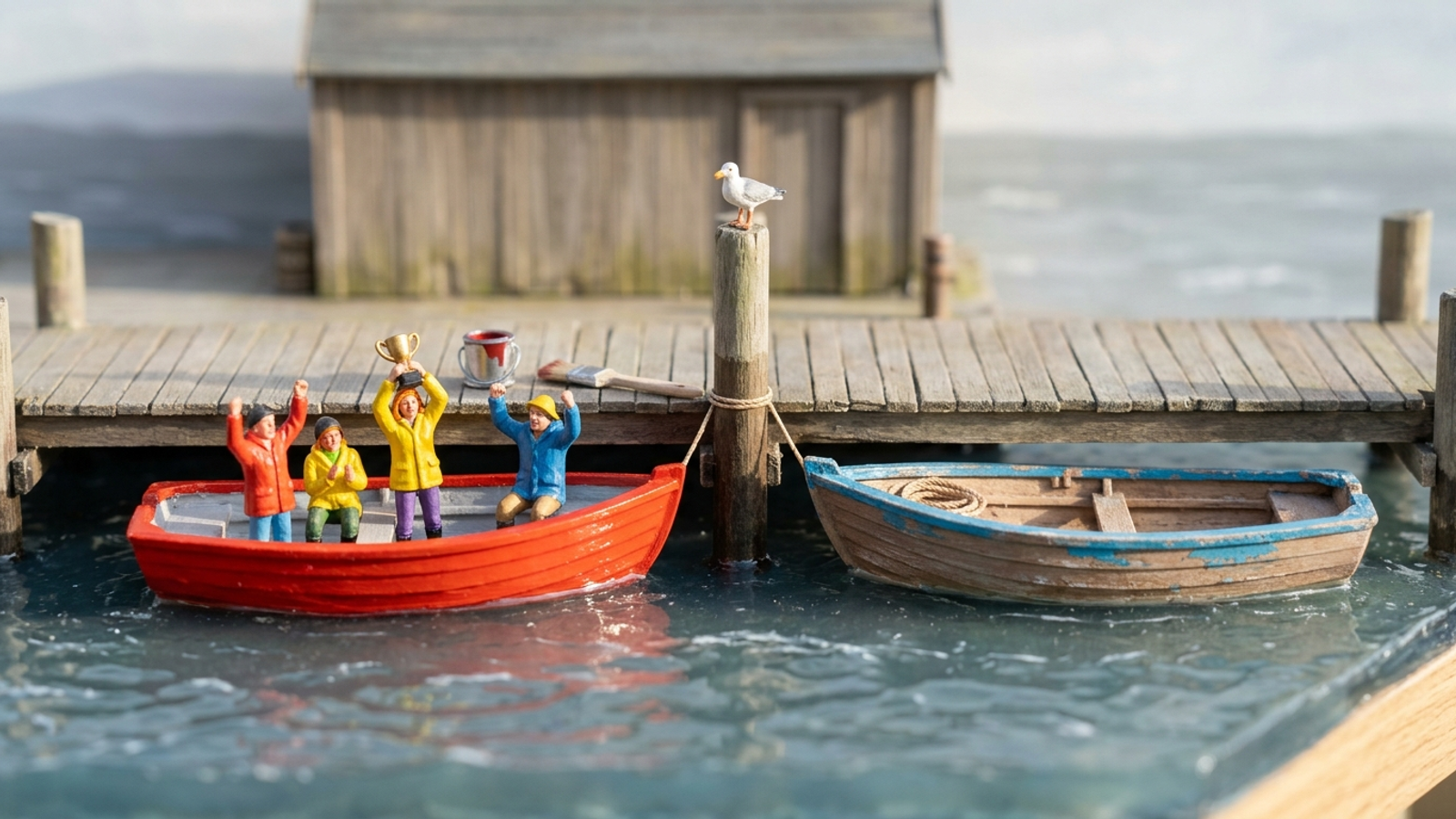 Tiny harbour model: a crew cheers in a freshly painted red boat, but the untouched boat beside it rose on the same tide, so the paint earned no credit.