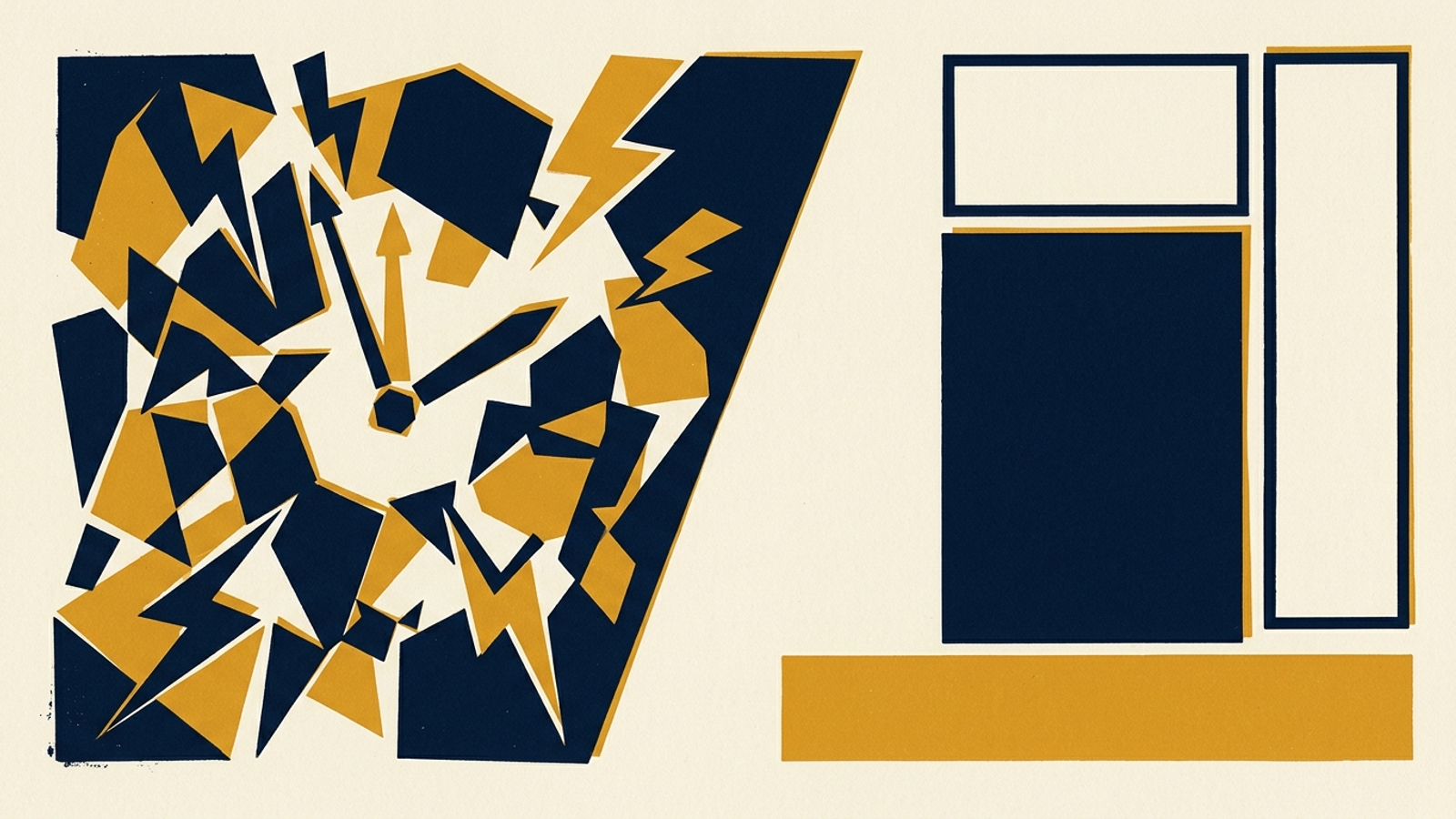 Graphic poster contrasting tangled receipts and warning clocks with a clean blue-and-black geometric seal.