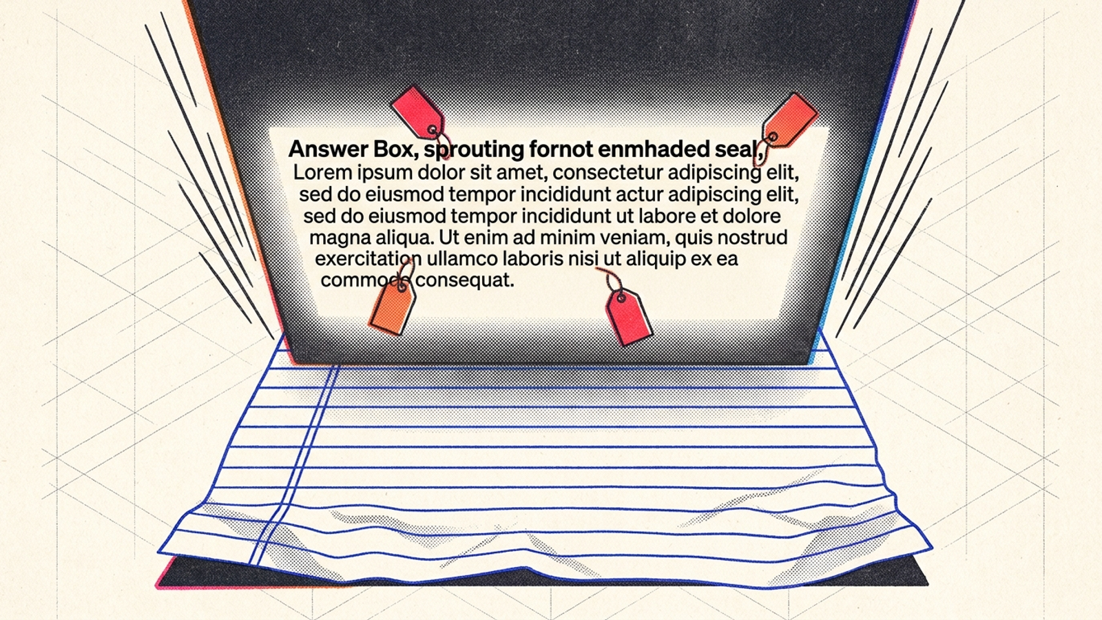 Illustration of an expanding AI answer block pushing blue links down the page as sponsored price tags appear within it.