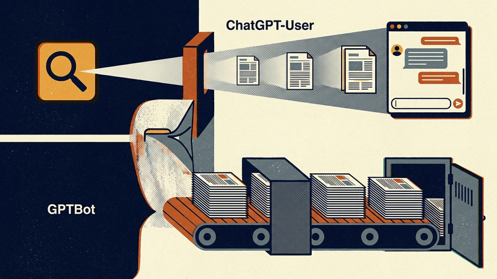 Illustration of edge requests splitting into background crawl, search-index, and user-facing fetch categories.
