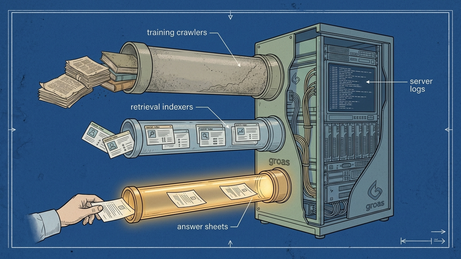 Cutaway diagram separating AI bot visits into training, index and live-answer fetches