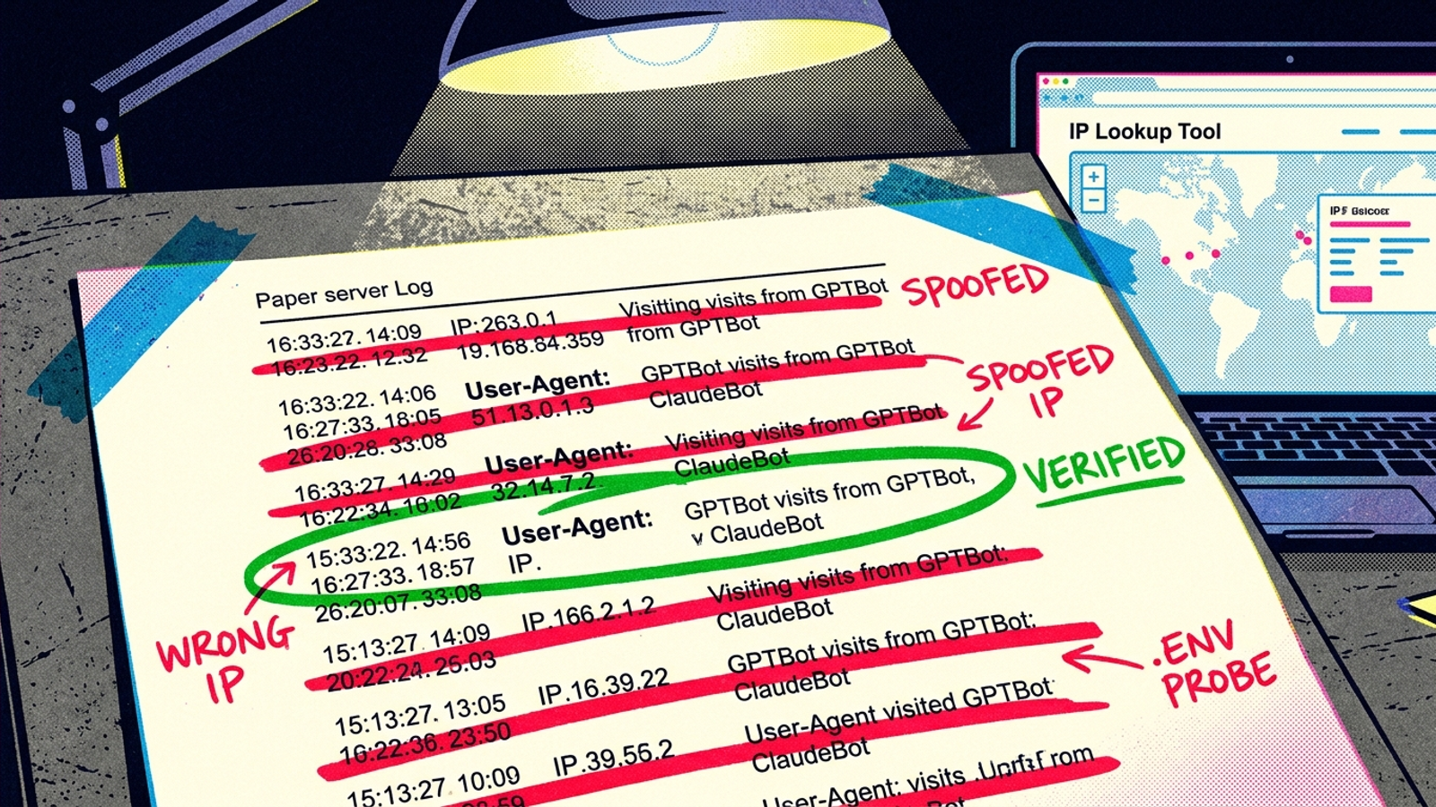 Server log showing spoofed AI bot visits crossed out and one verified fetch circled