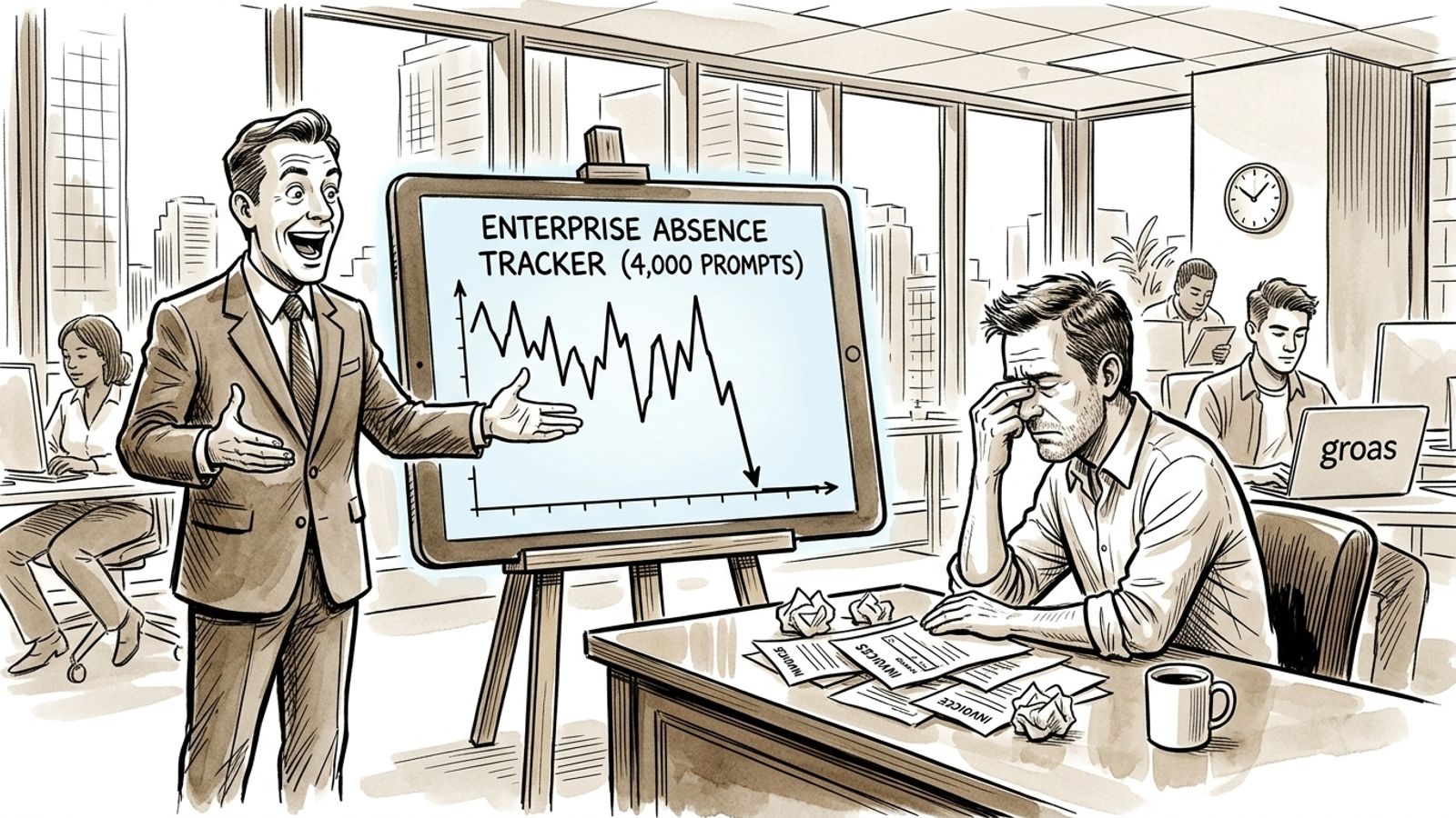 A software salesman presents a tablet showing zero citations to a weary business owner.
