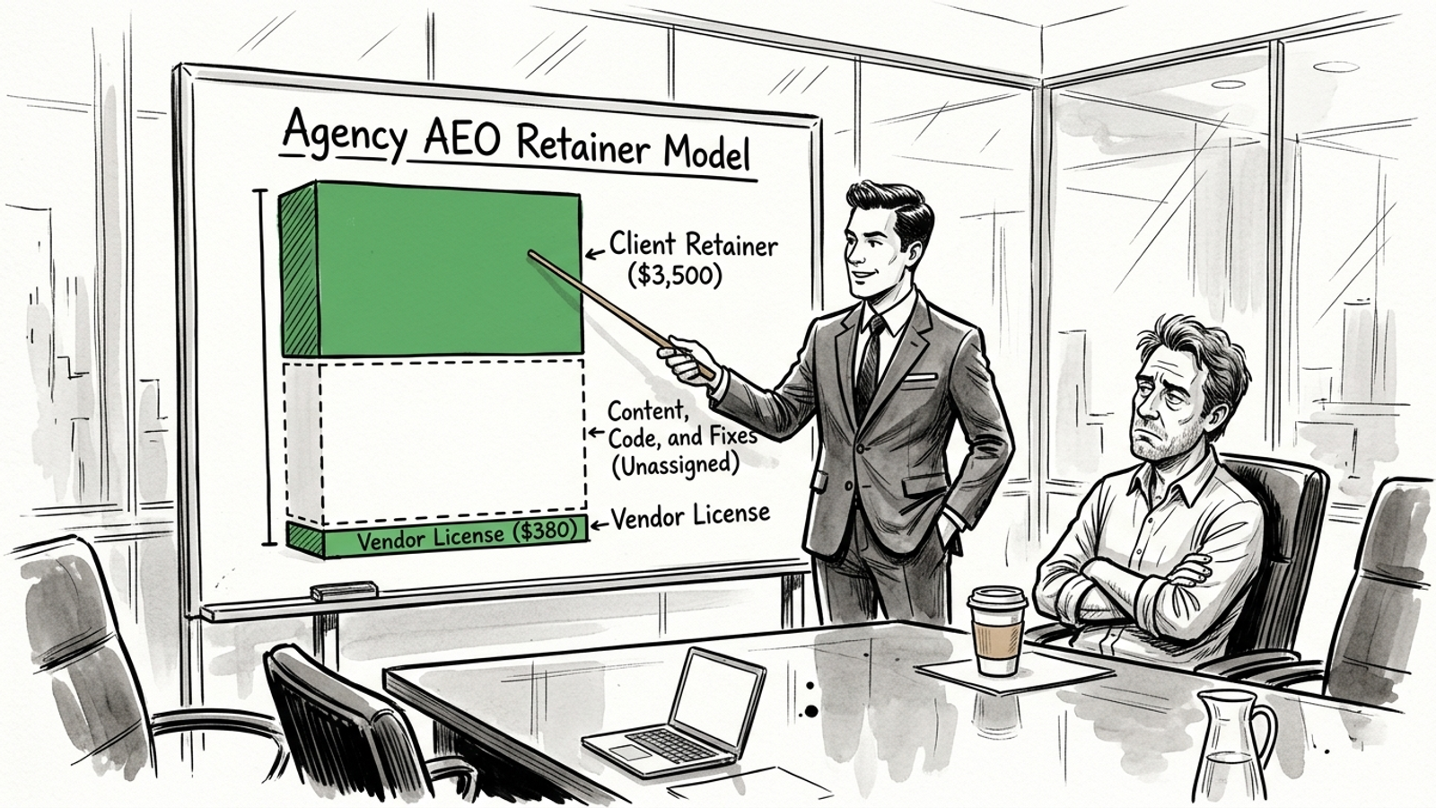 Cartoon of an agency director presenting a large retainer margin above a tiny software fee, with the implementation work left blank.