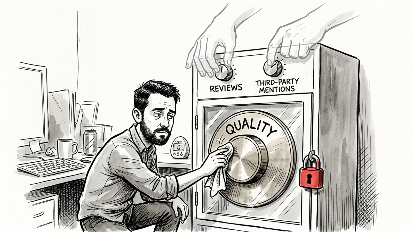 Ink cartoon of an advertiser polishing a Quality Score dial locked behind glass