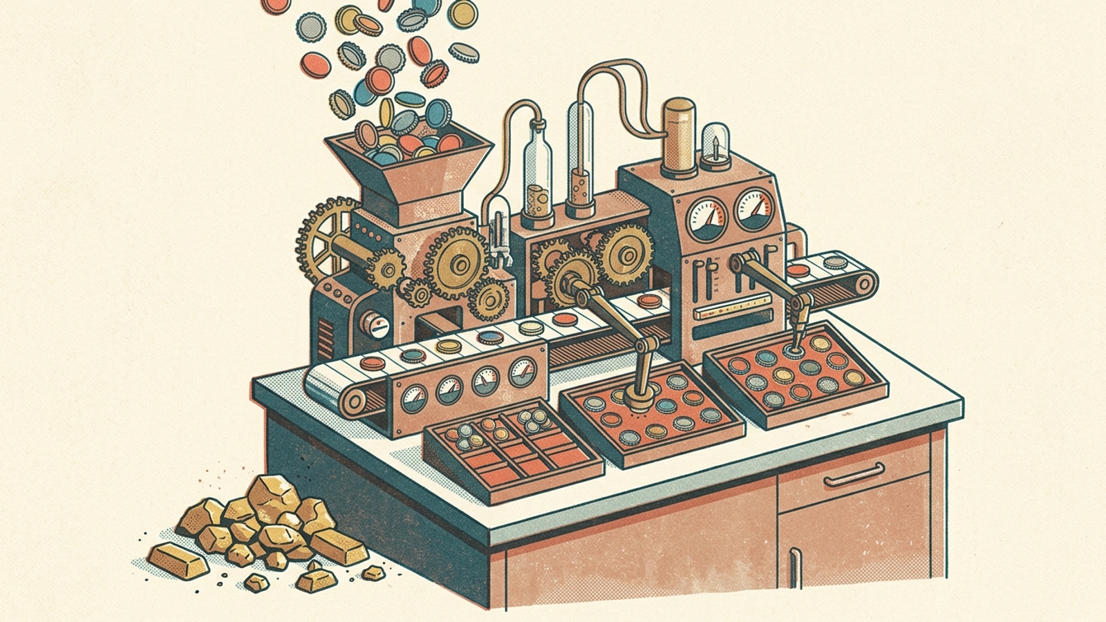 Risograph illustration of a sorting machine cataloging plastic bottle caps while ignoring gold coins