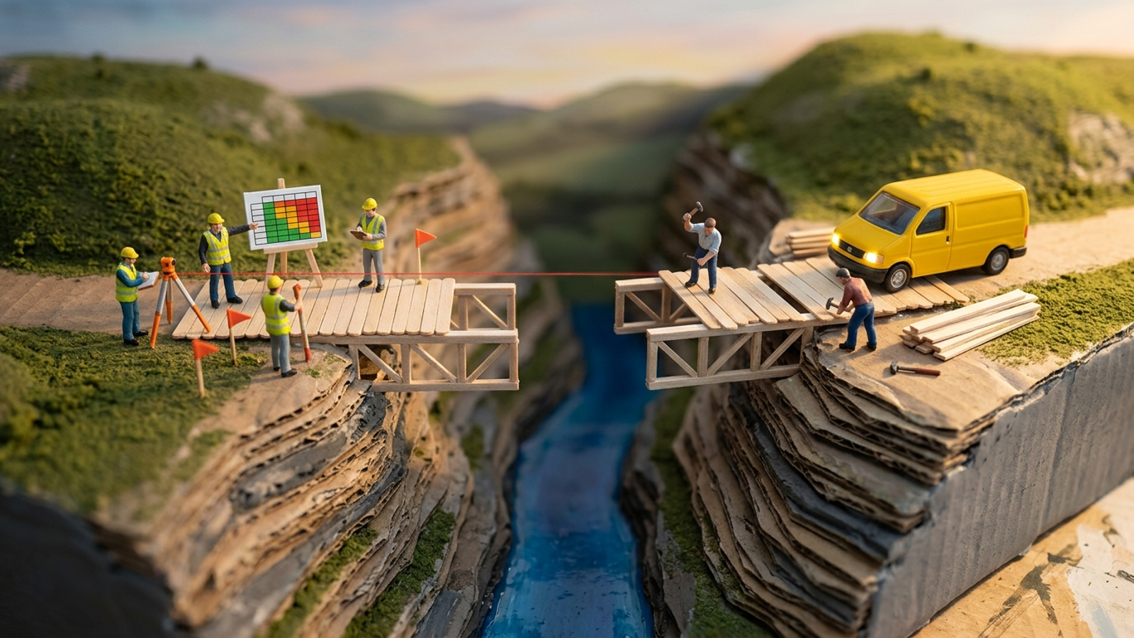 Two model bridges over a ravine: one crew precisely surveys the missing span with charts, while the other has planked it and a van is already crossing.