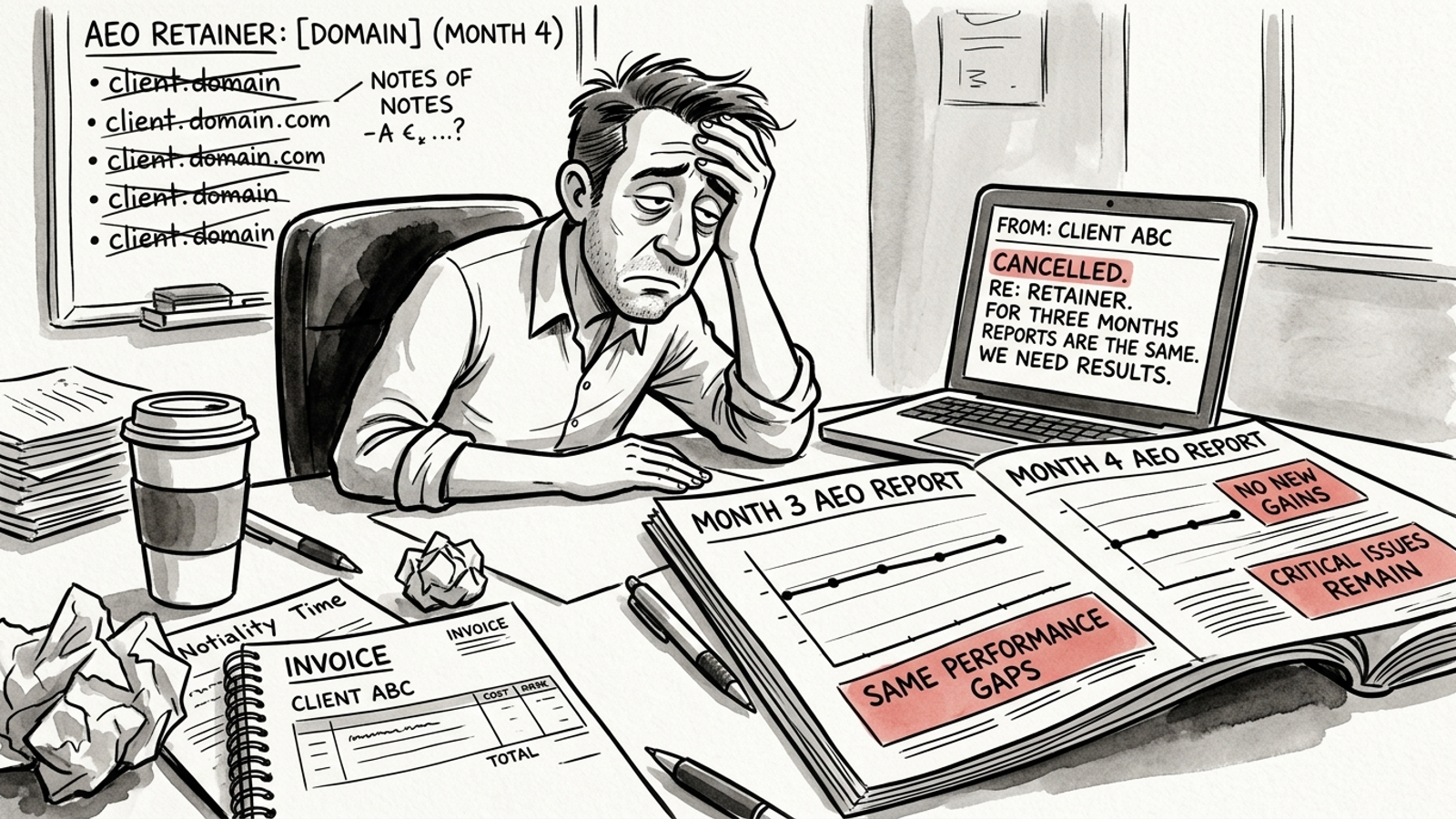 Ink cartoon of an agency owner facing three identical monthly dashboards and a client email asking what was fixed